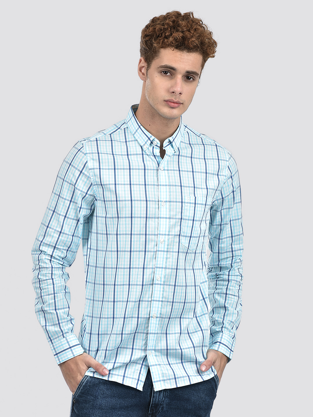 Izod Men's Full Sleeve Checkered Blue Shirt
