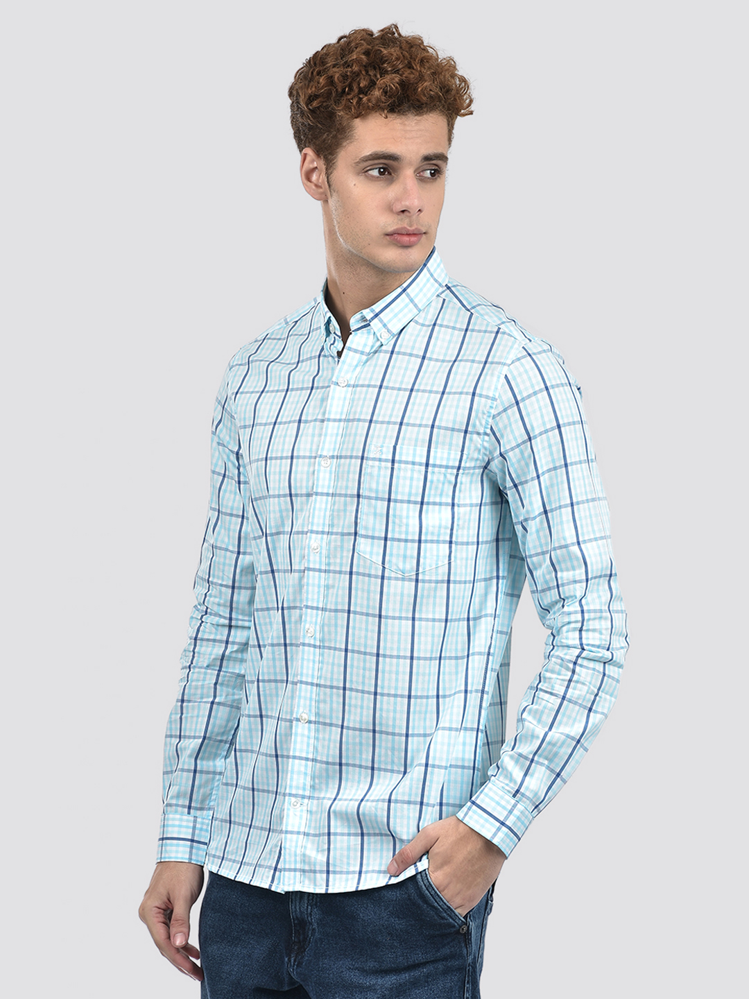 Izod Men's Full Sleeve Checkered Blue Shirt