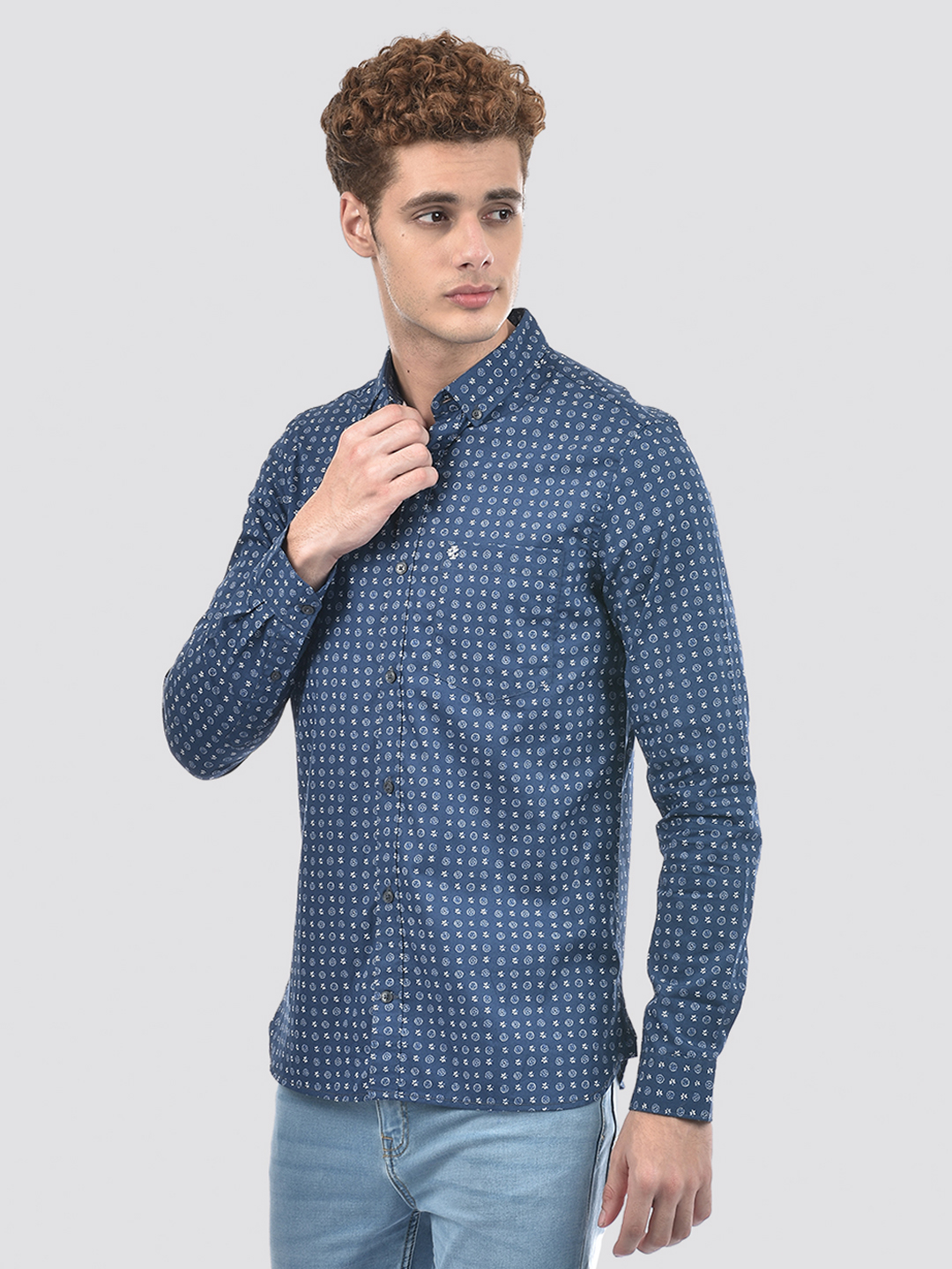 Izod Men's Full Sleeve Printed Navy Shirt