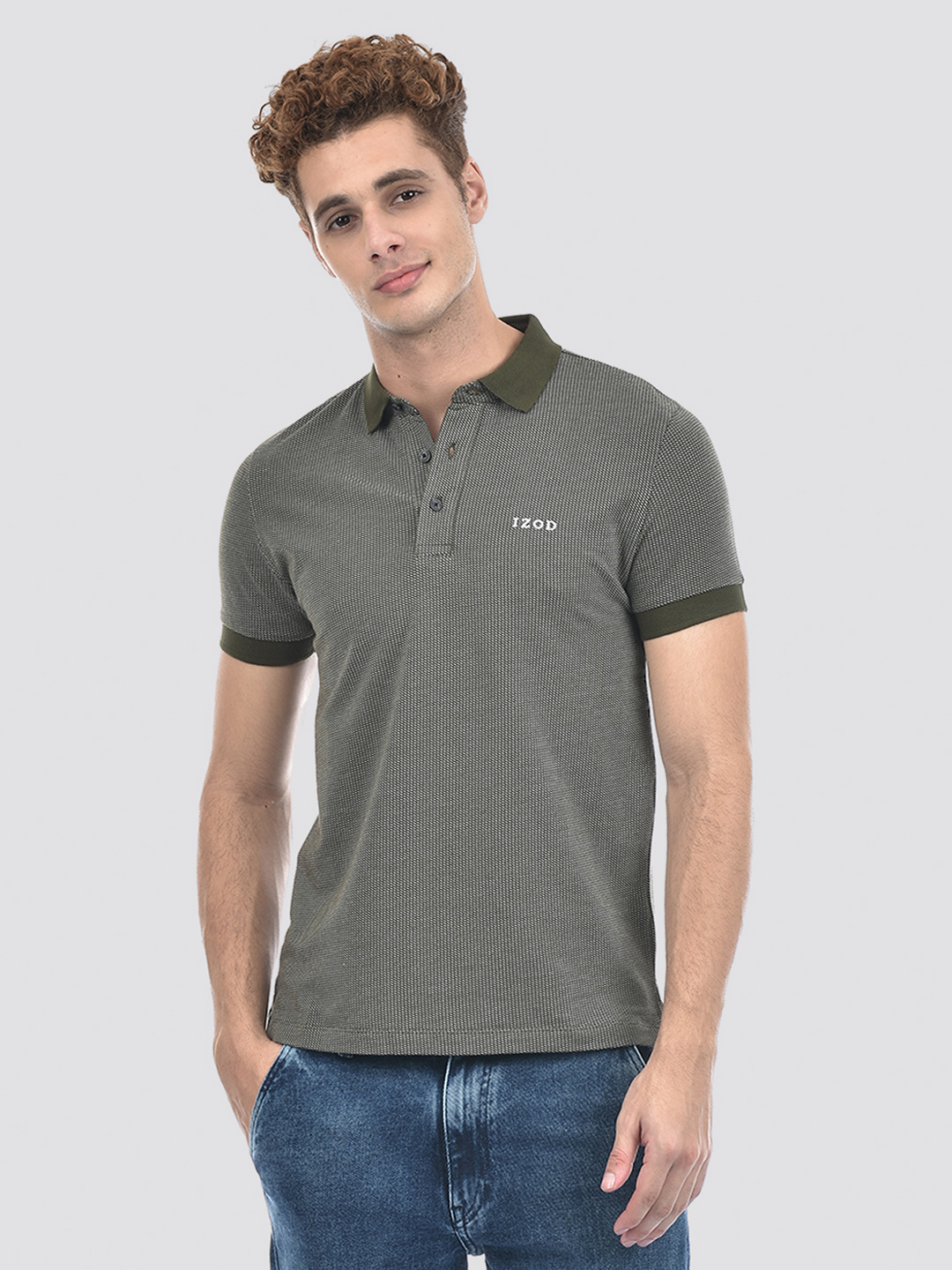 Izod Men's Half Sleeve Self Design Green Polo T-Shirt