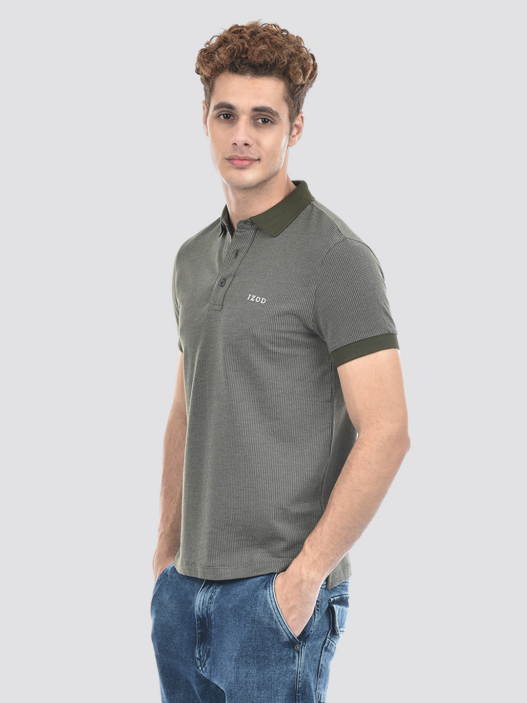 Izod Men's Half Sleeve Self Design Green Polo T-Shirt