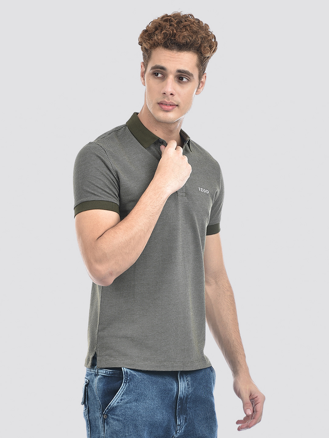 Izod Men's Half Sleeve Self Design Green Polo T-Shirt