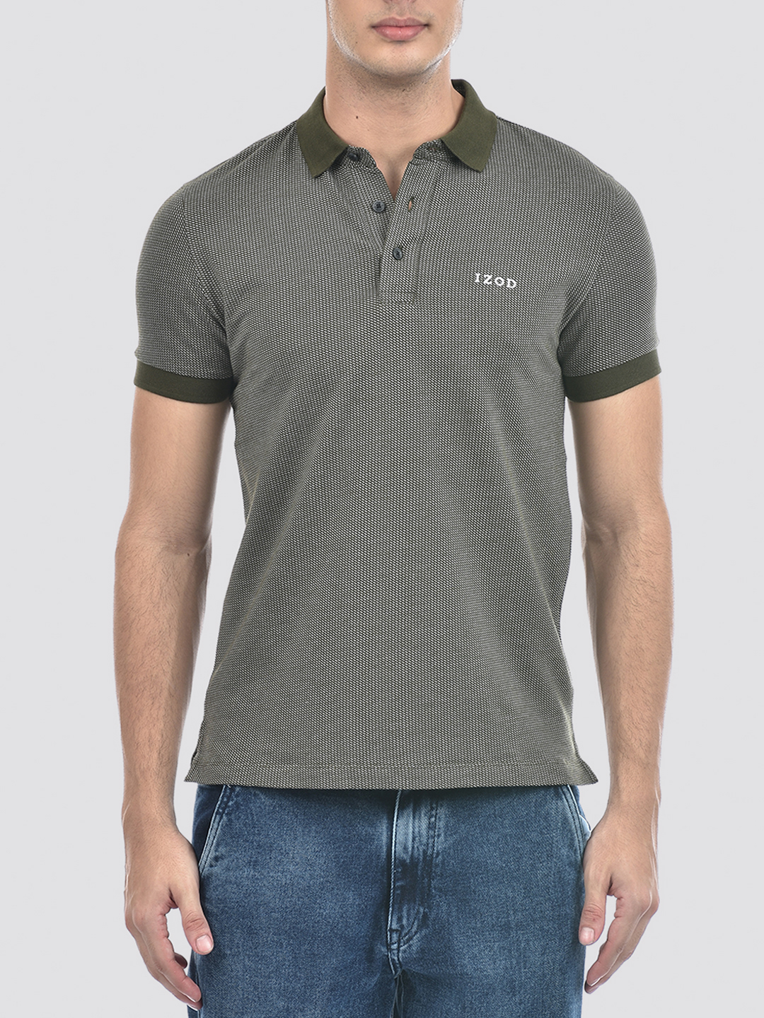 Izod Men's Half Sleeve Self Design Green Polo T-Shirt