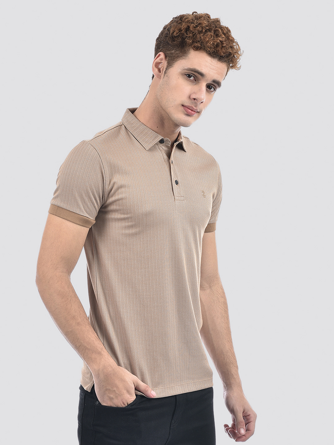 Izod Men's Half Sleeve Self Design Beige Polo T-Shirt