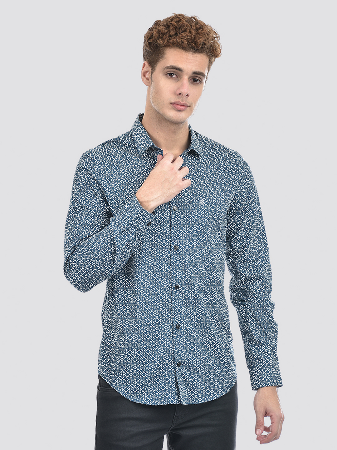 Izod Men's Full Sleeve Printed Blue Shirt