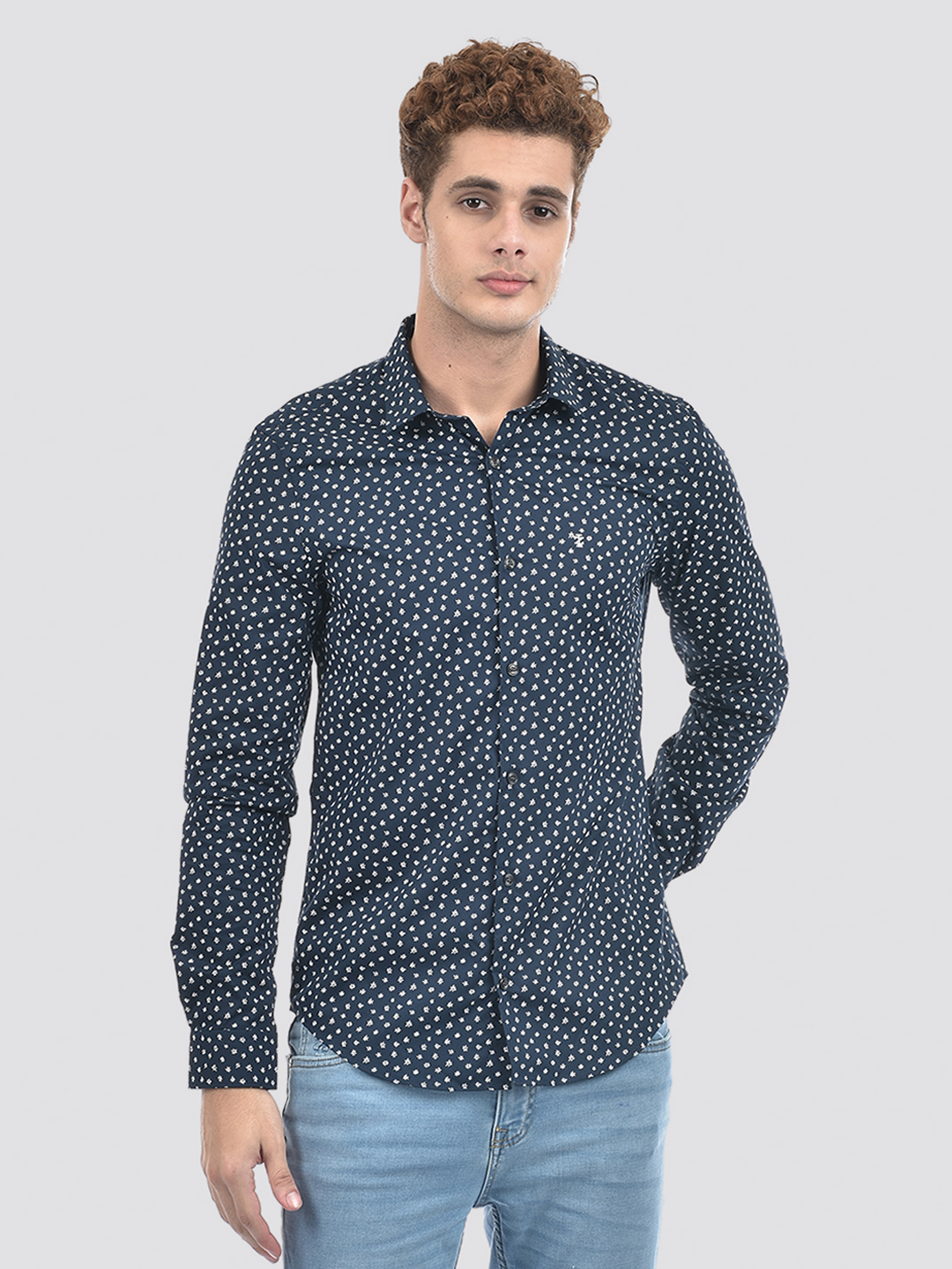 Izod Men's Full Sleeve Printed Navy Shirt
