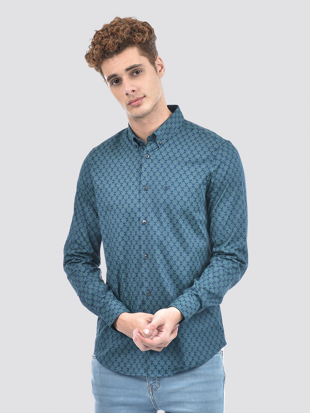 Izod Men's Full Sleeve Floral Print Blue Shirt