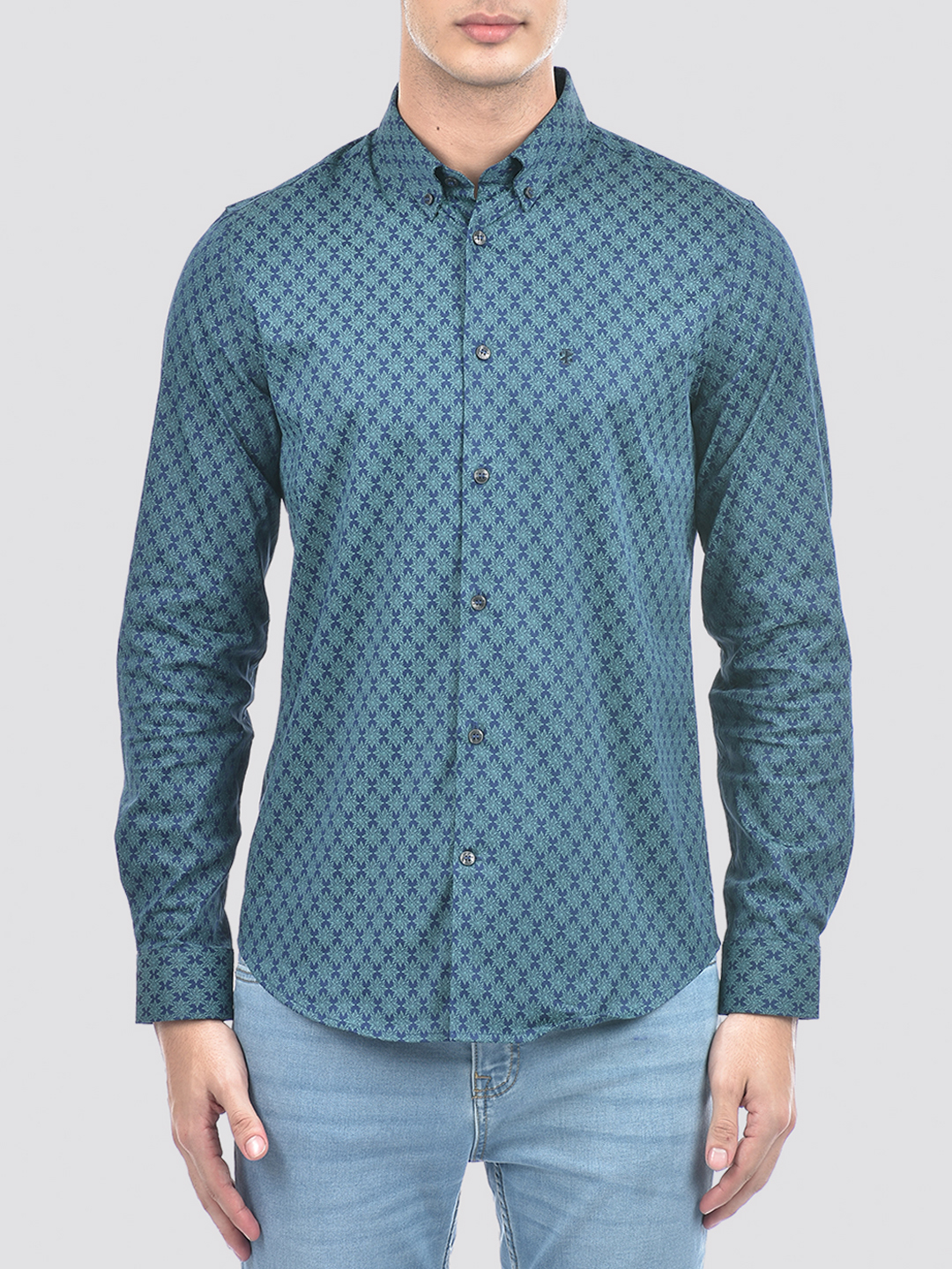 Izod Men's Full Sleeve Floral Print Blue Shirt