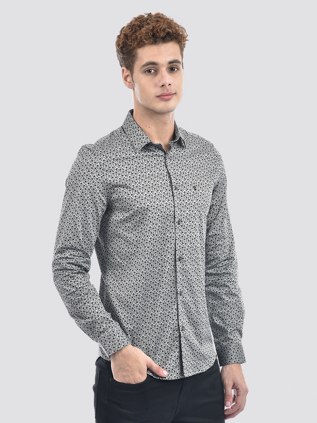 Izod Men's Full Sleeve Printed Grey Shirt