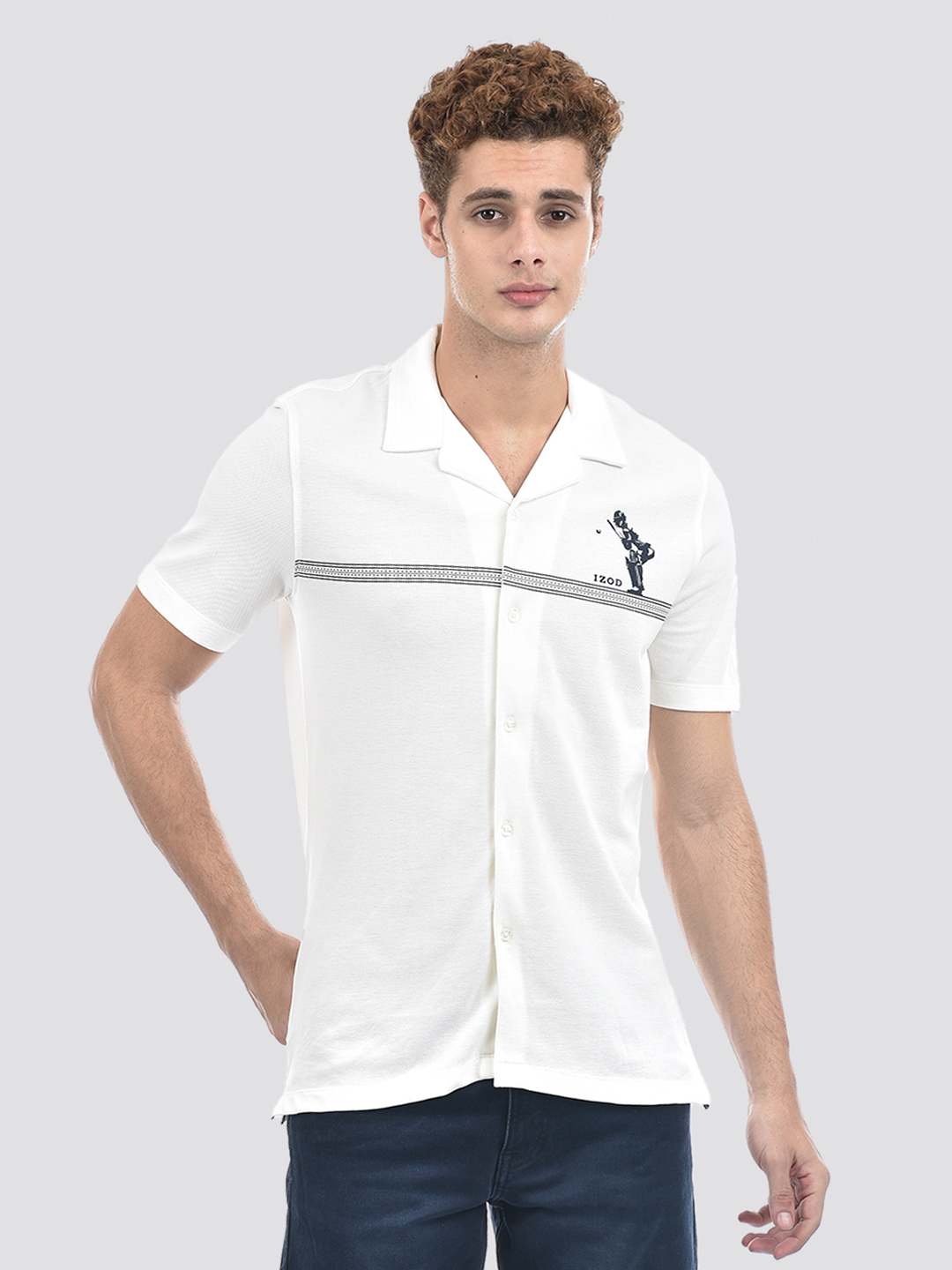 Izod Men's Half Sleeve Striped White Shirt