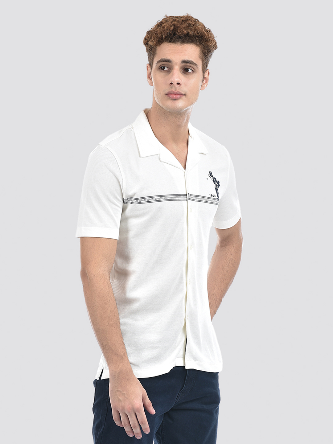 Izod Men's Half Sleeve Striped White Shirt