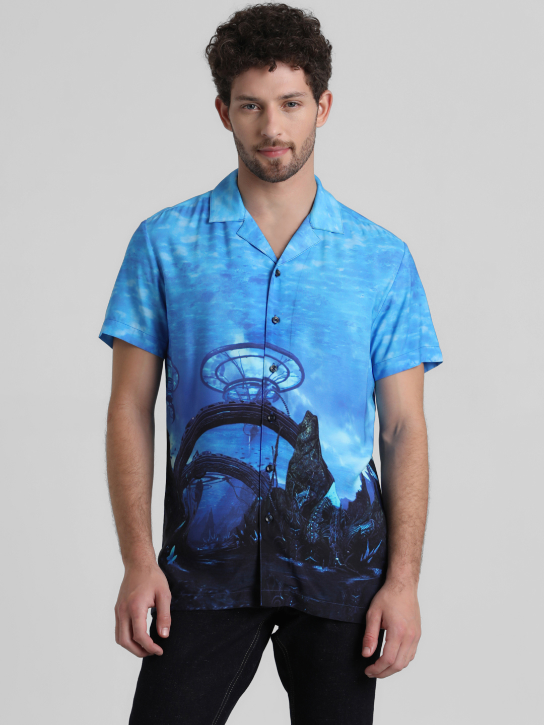 Jack & Jones Men Graphic Print Blue Shirt