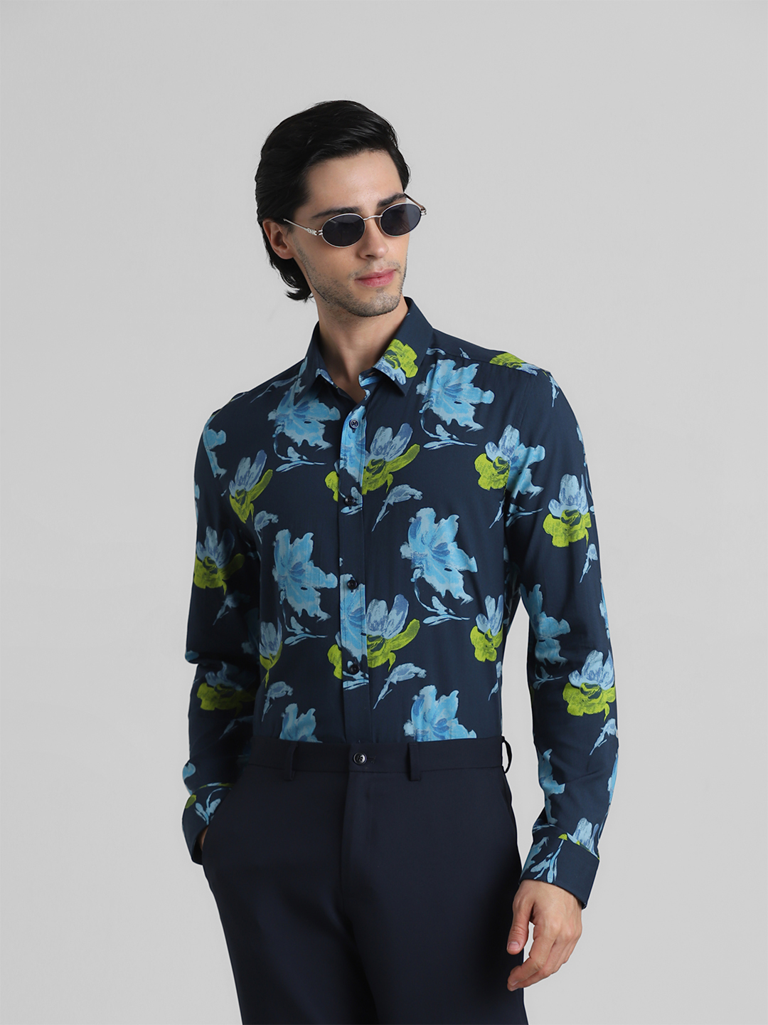 Jack & Jones Men Floral Print Navy Shirt