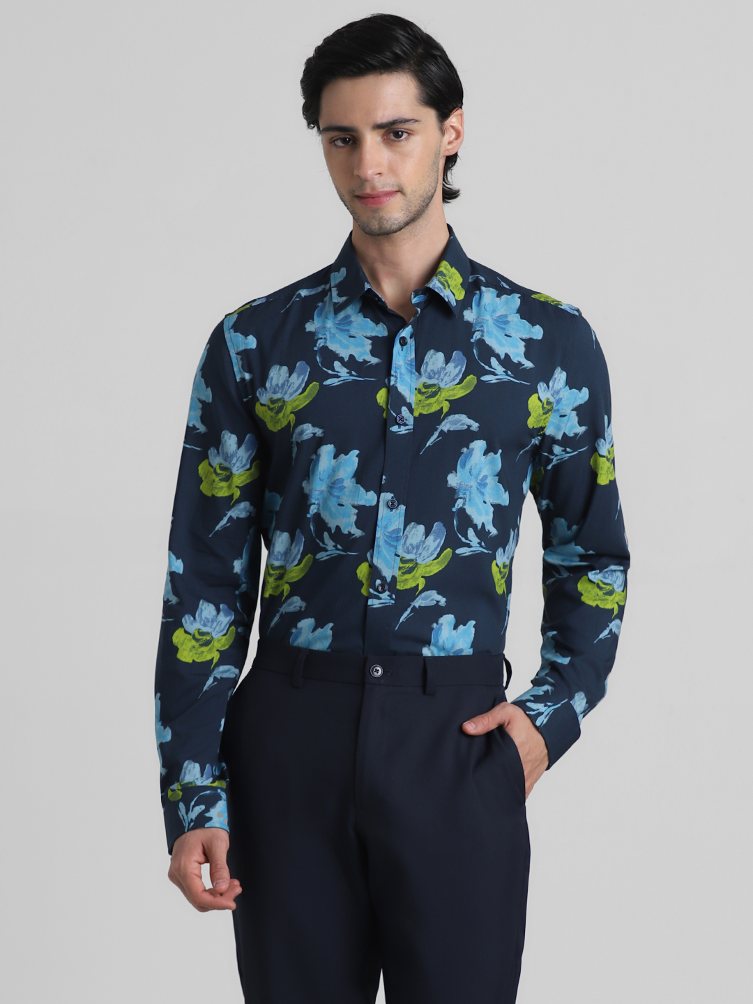 Jack & Jones Men Floral Print Navy Shirt