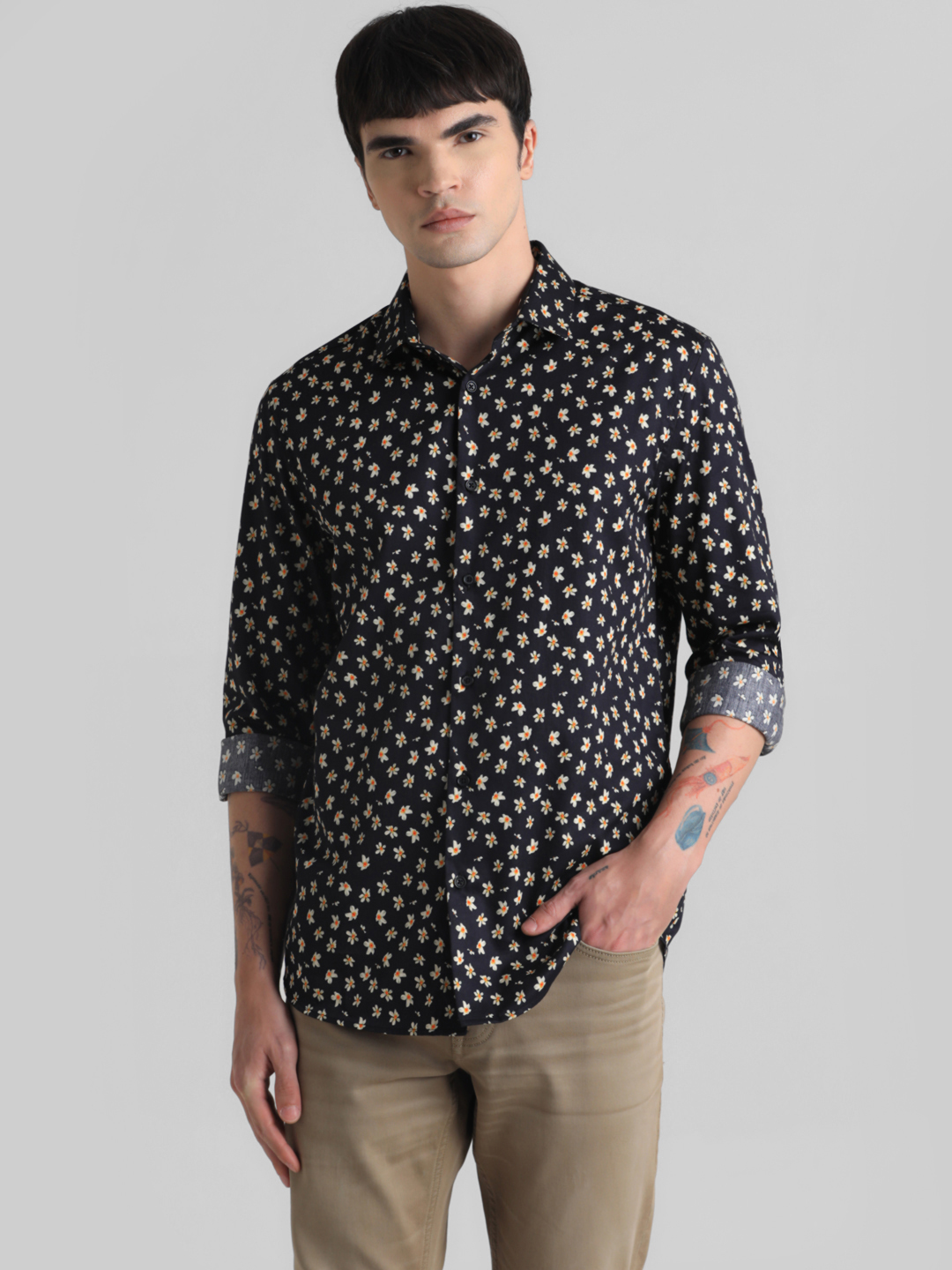 Jack & Jones Men Floral Print Black Shirt