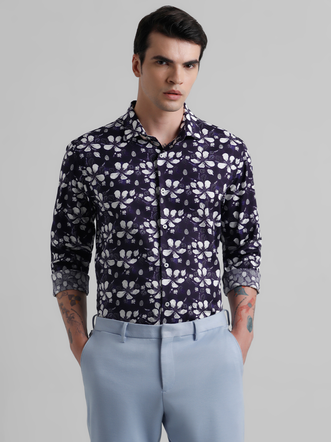 Jack & Jones Men Floral Print Purple Shirt