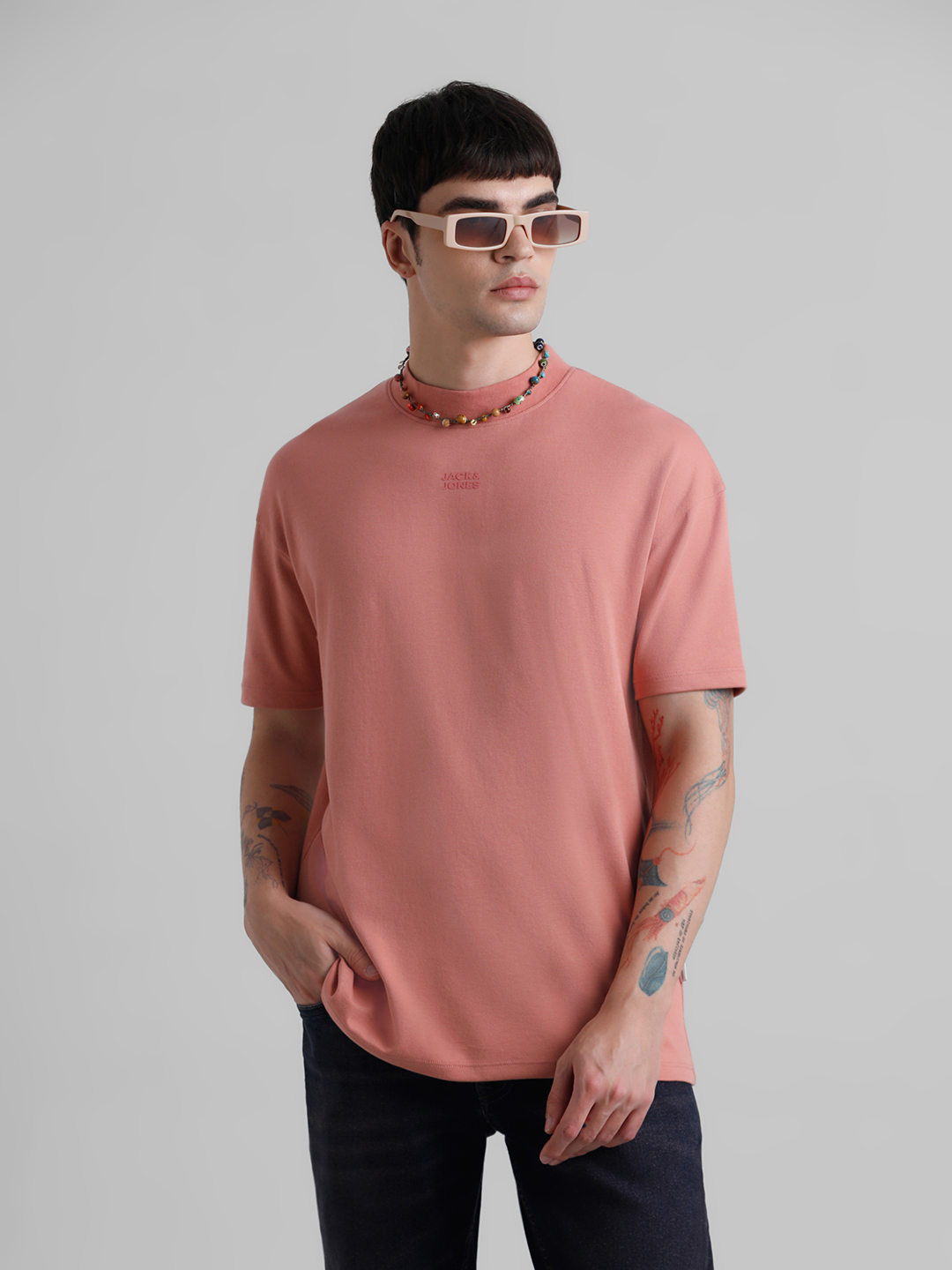 Jack & Jones Men Solid Pink T-Shirt