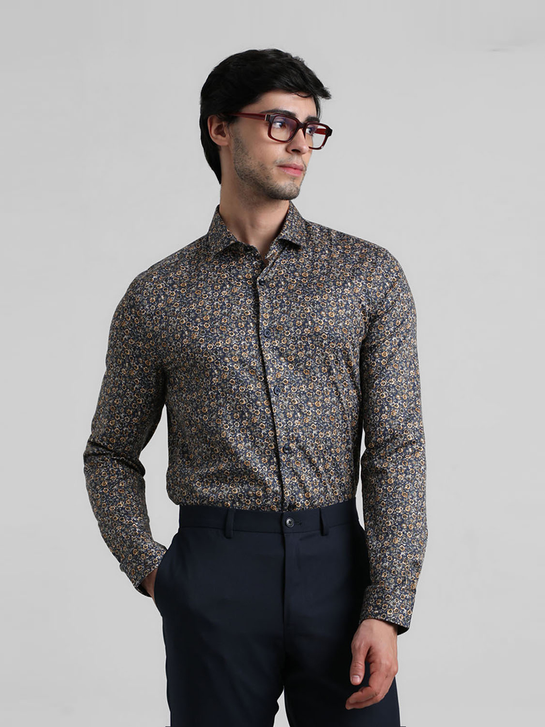 Jack & Jones Men Floral Print Navy Shirt
