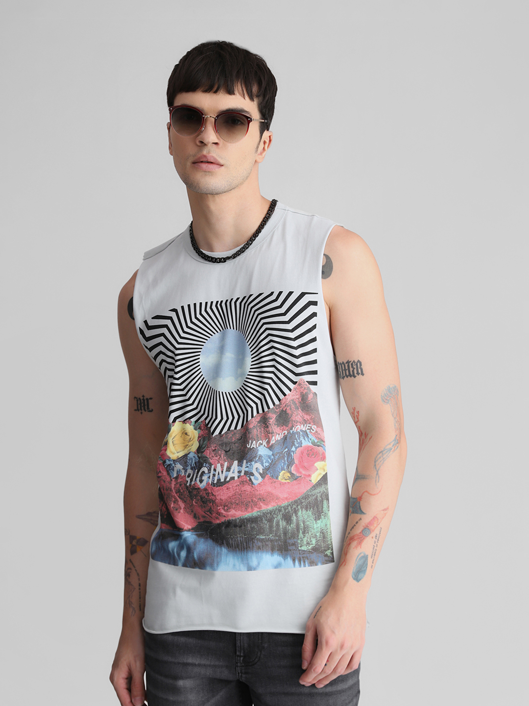 Jack & Jones Men's Sleeveless Regular Fit Blue Round Neck T-Shirt