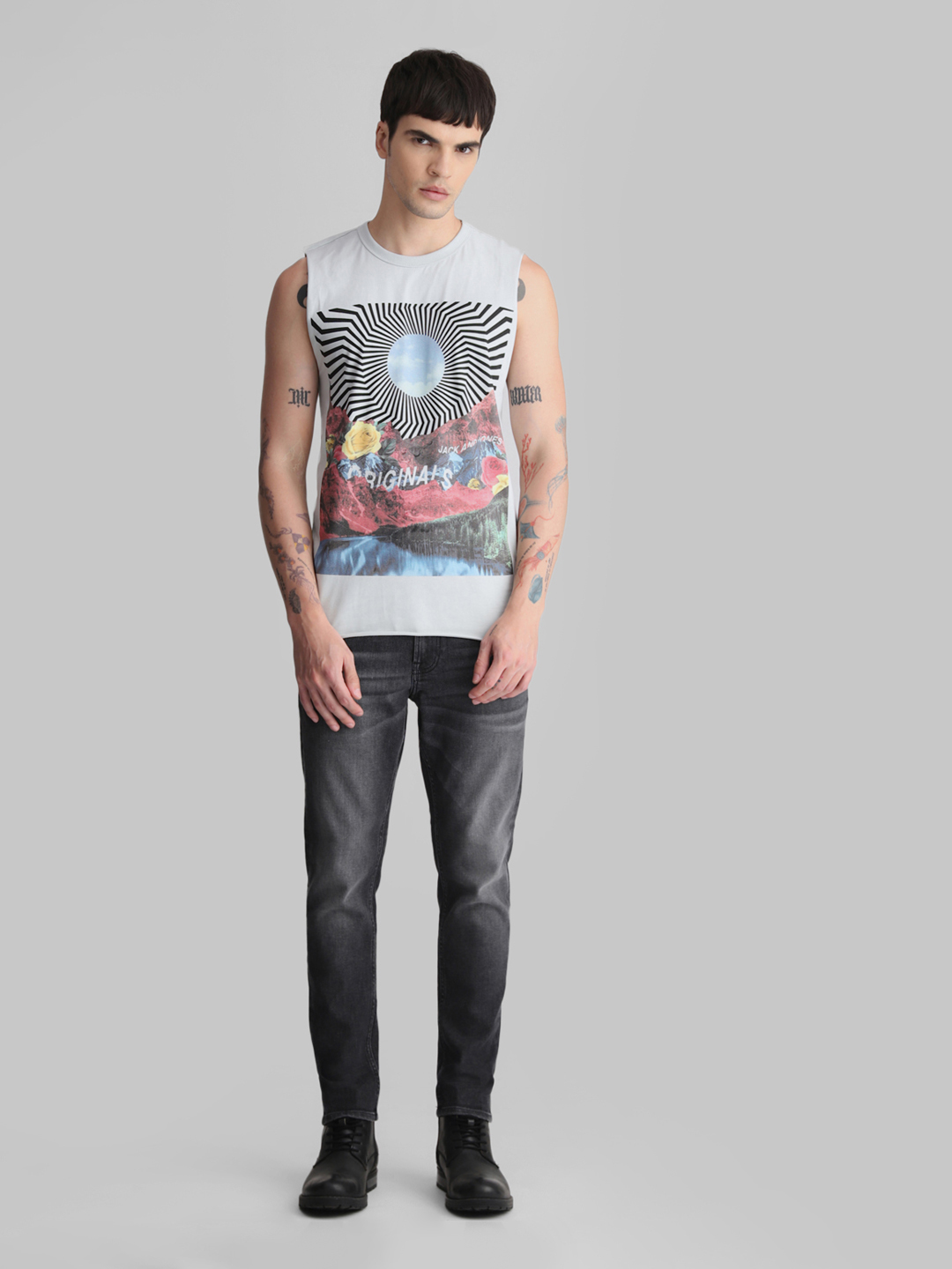 Jack & Jones Men's Sleeveless Regular Fit Blue Round Neck T-Shirt