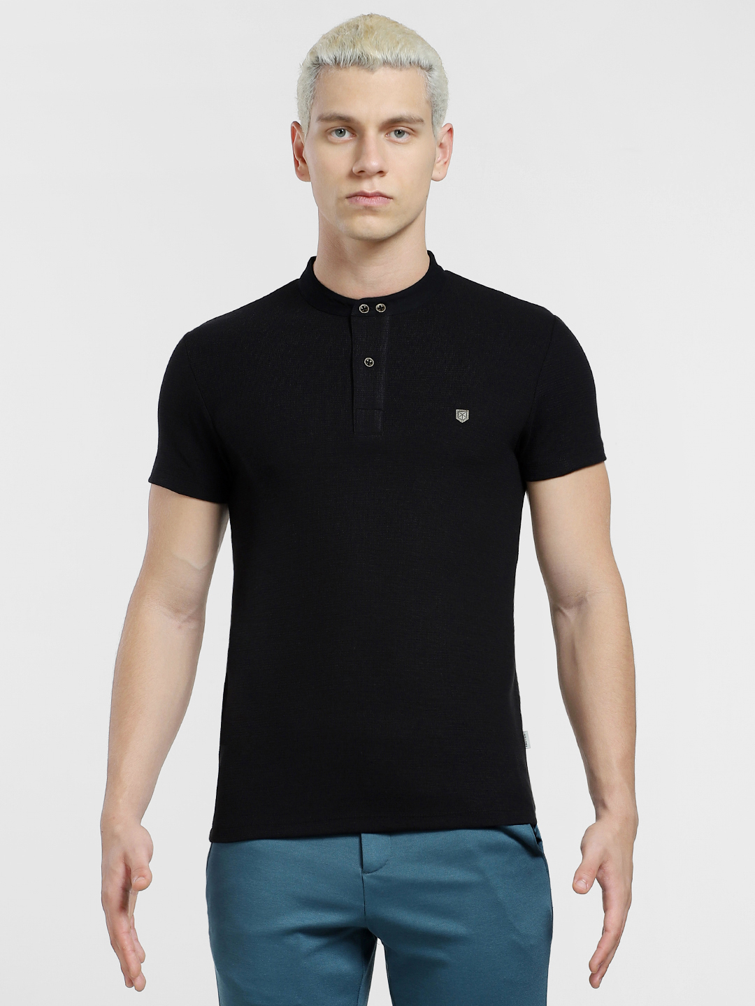 Jack & Jones Men's Short Sleeve Slim Fit Black Henley Neck T-Shirt