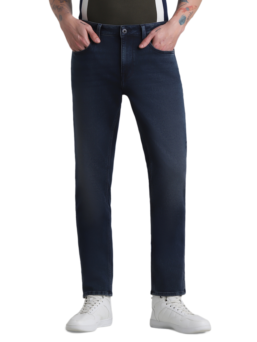 Jack & Jones Men's Regular Fit Solid Dark Blue Jeans