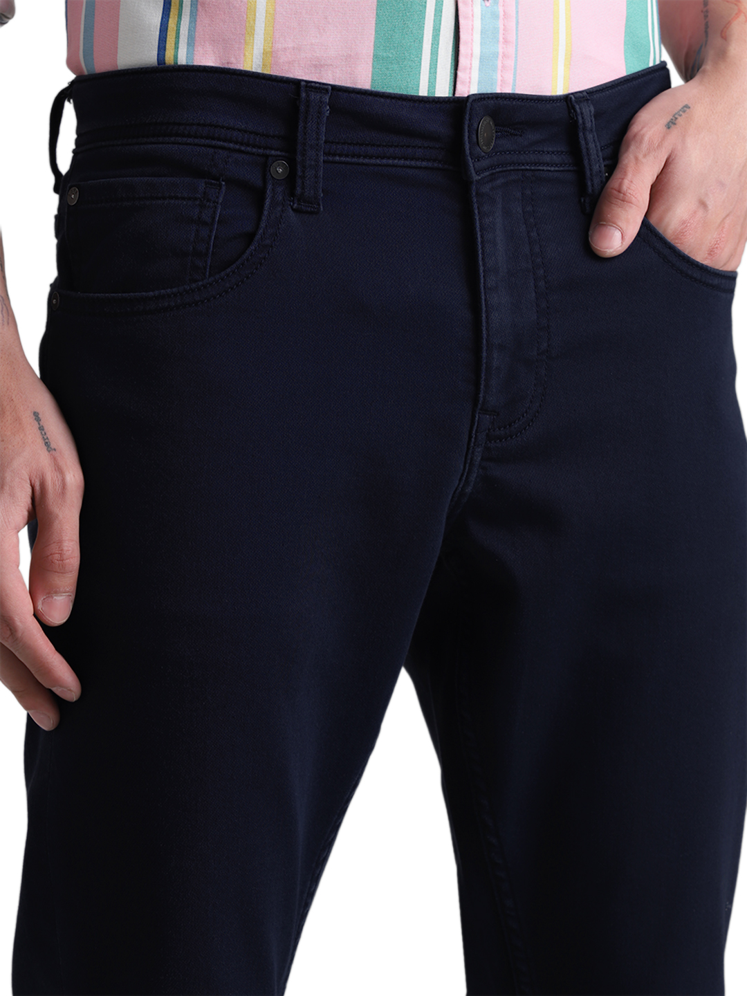 Jack & Jones Men's Straight Fit Solid Dark Blue Pant