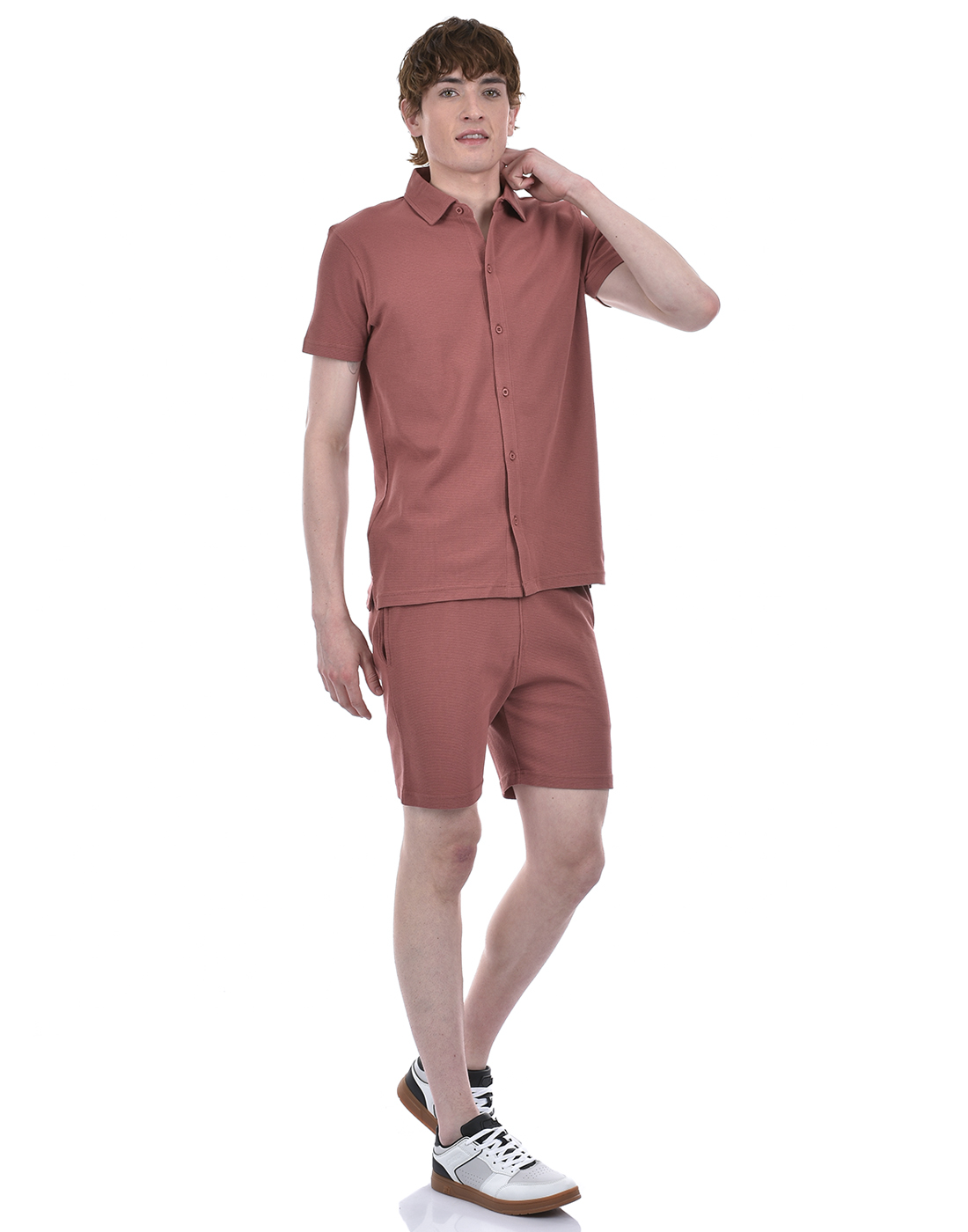 Oneway Men Solid Pink Co-Ord Set