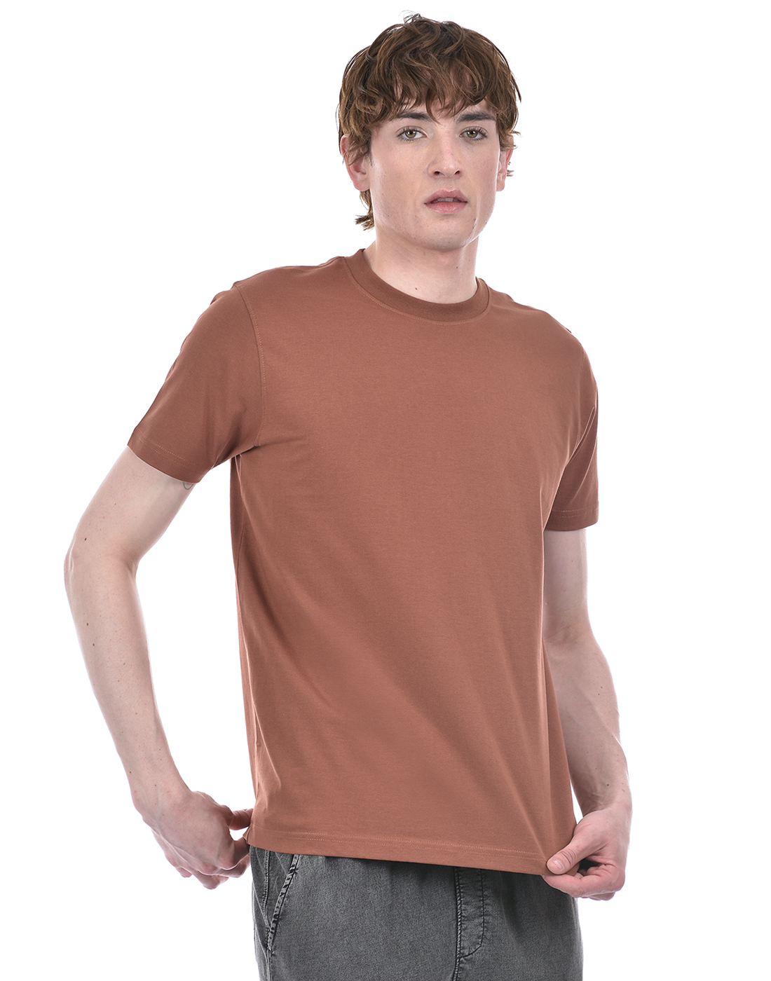 Oneway Men's Short Sleeve Regular Fit Brown Round Neck T-Shirt