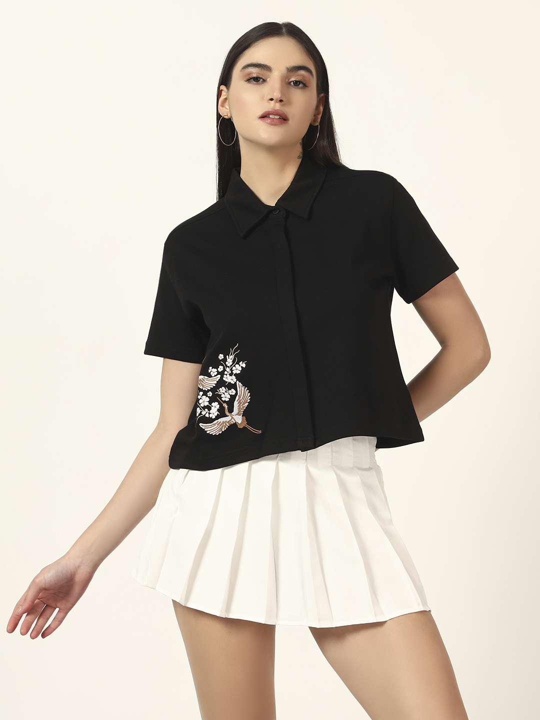 Oneway Women Embroidery Loose Fit Black Shirt