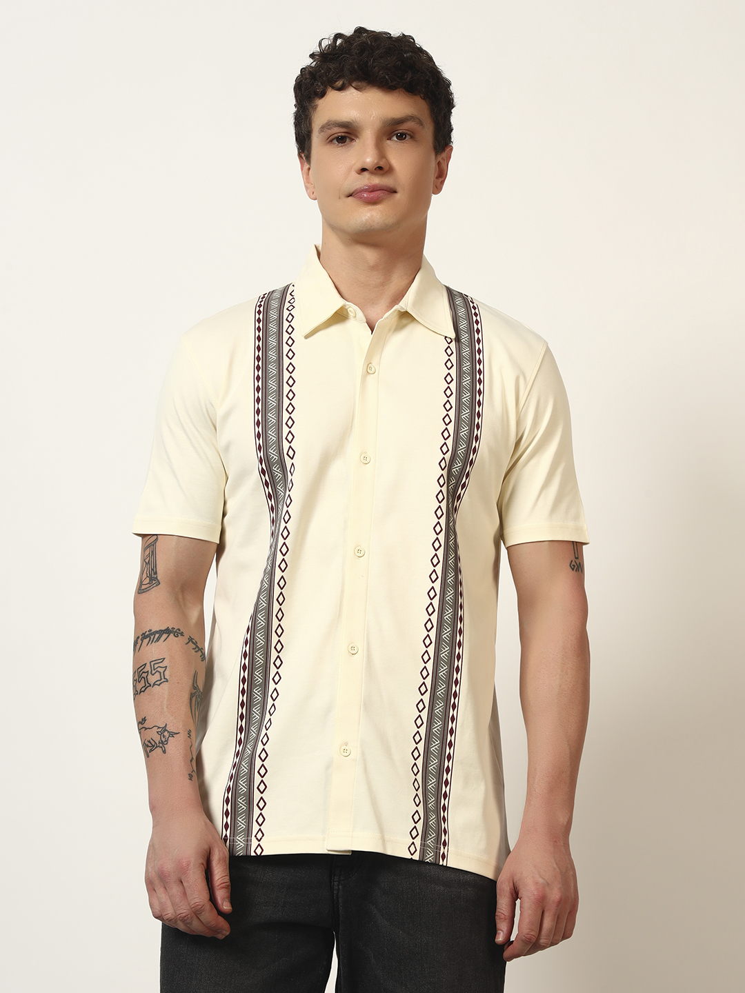 Oneway Men Striped Comfort Fit Yellow Shirt