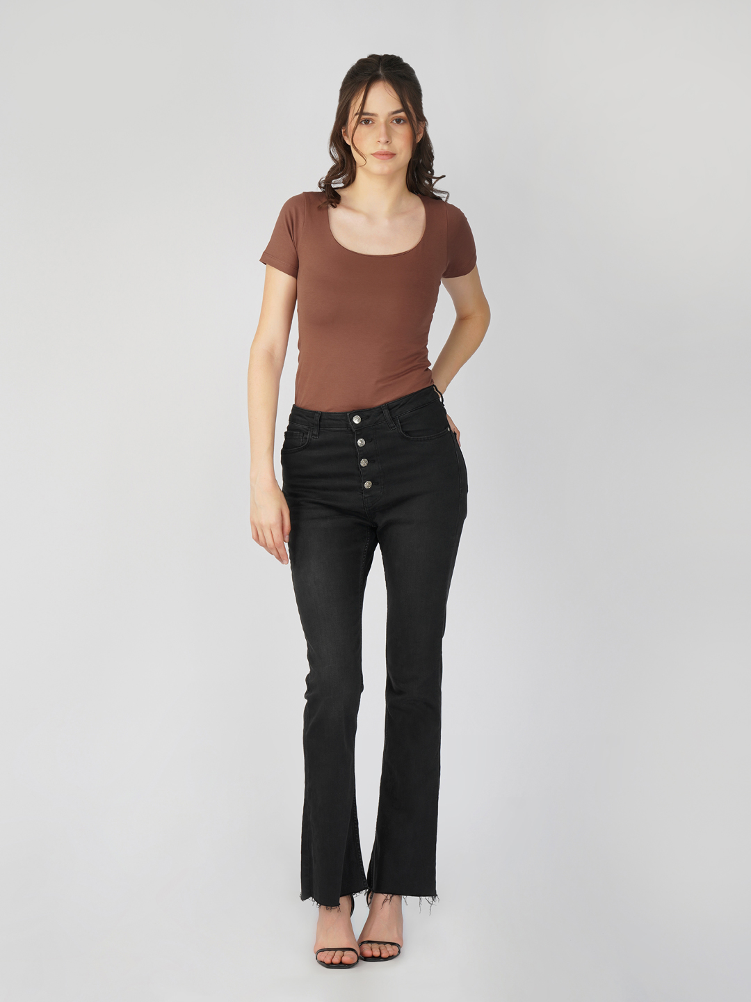 Oneway Women Solid Slim Fit Brown Bodysuit