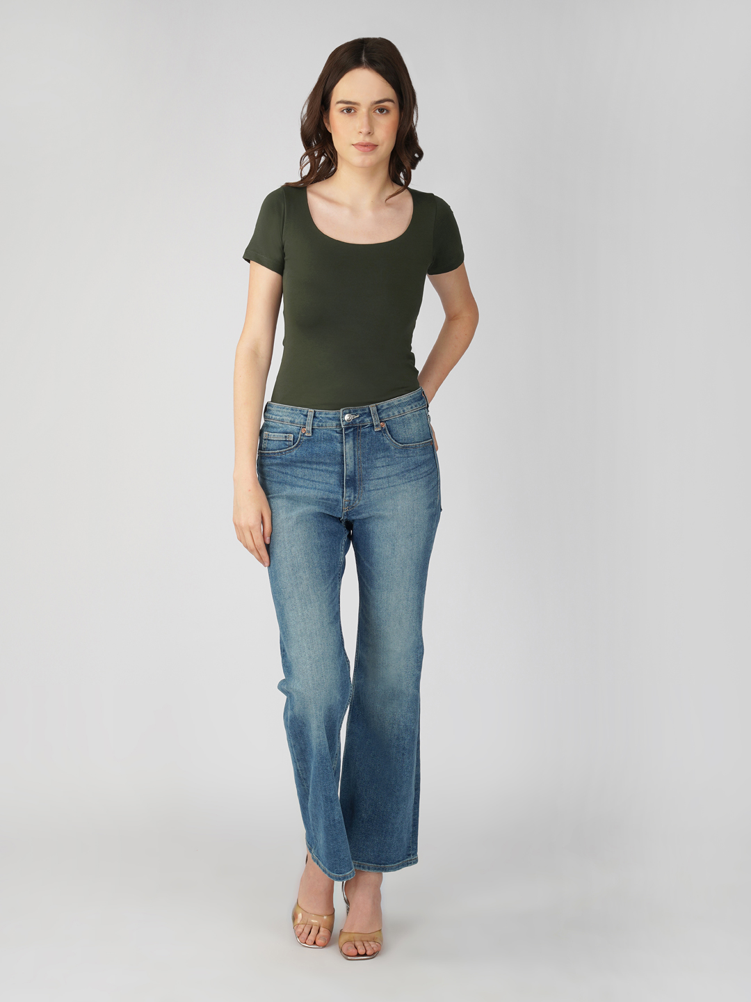 Oneway Women Solid Slim Fit Dark. Olive Bodysuit