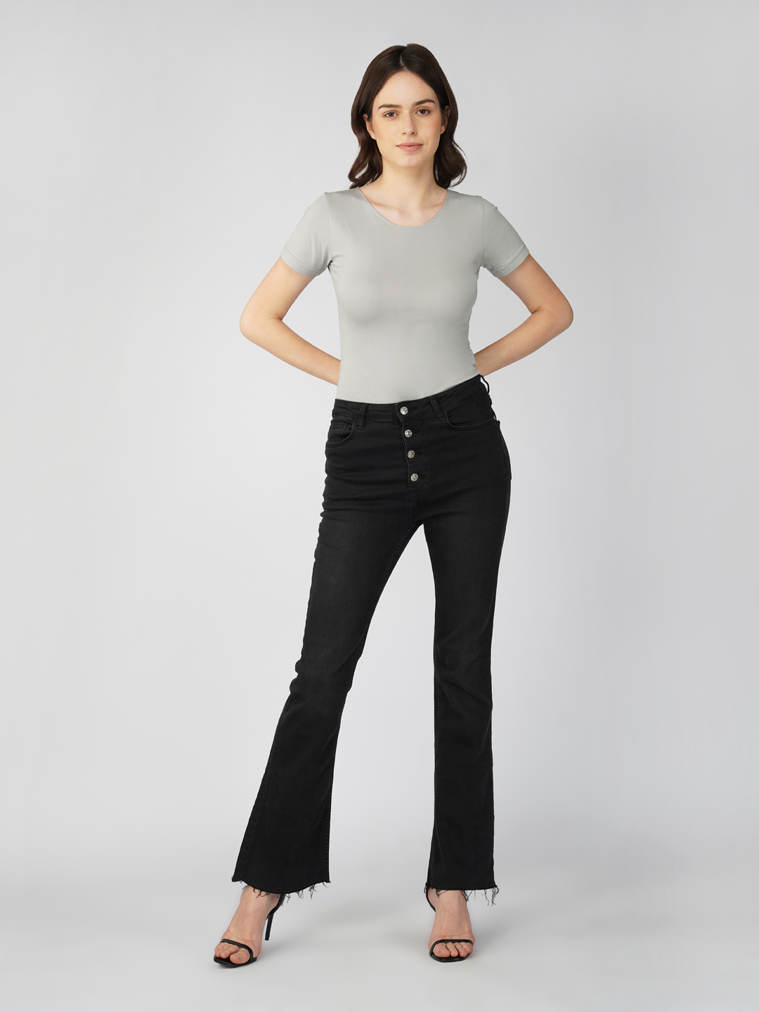Oneway Women Solid Slim Fit Light Grey Bodysuit