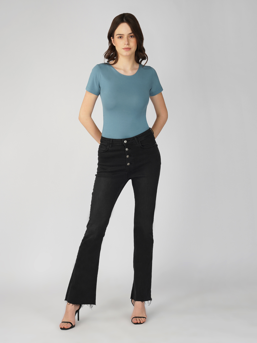 Oneway Women Solid Slim Fit Smoke Blue Bodysuit