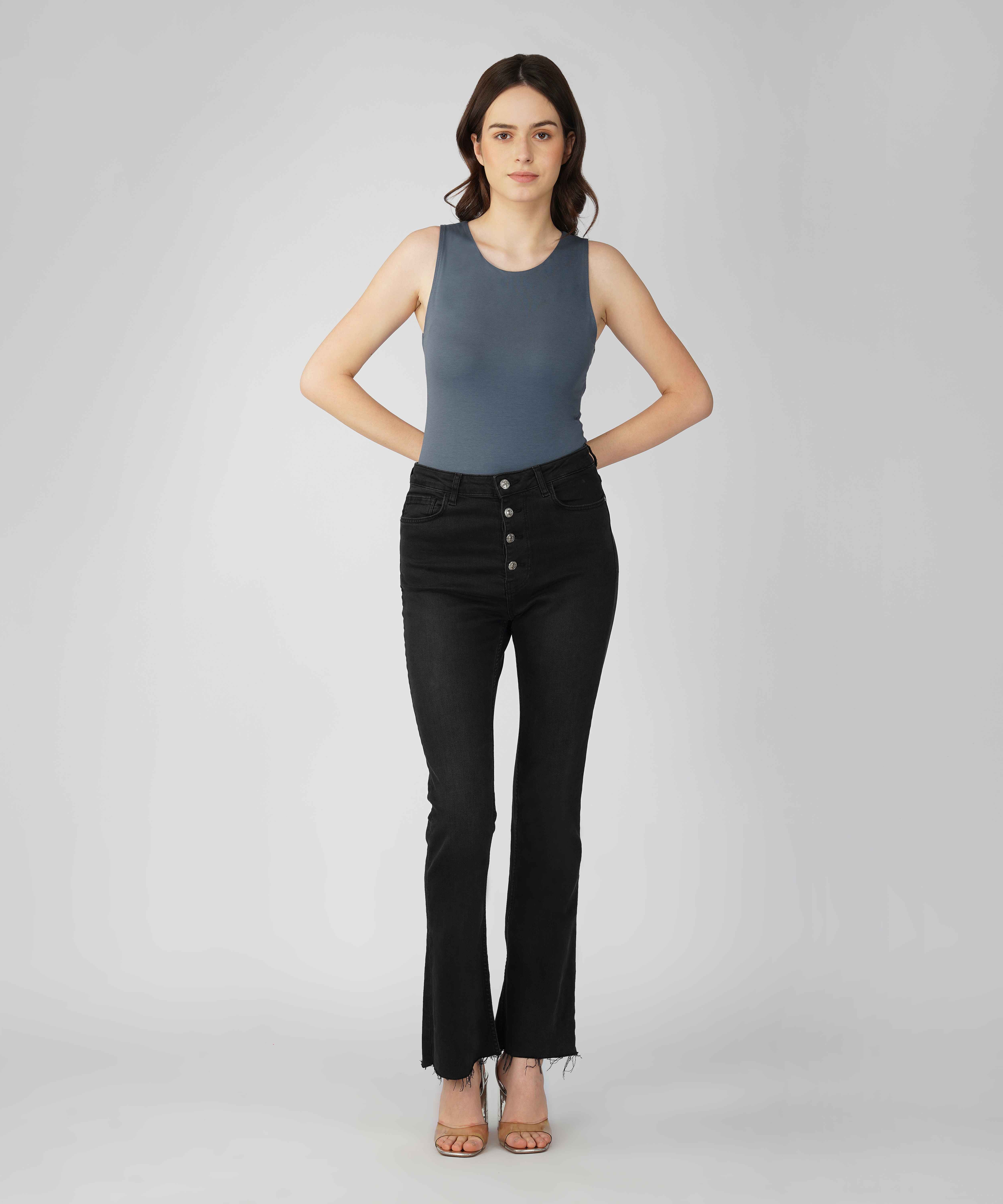Oneway Women Solid Slim Fit Midnight Grey Bodysuit