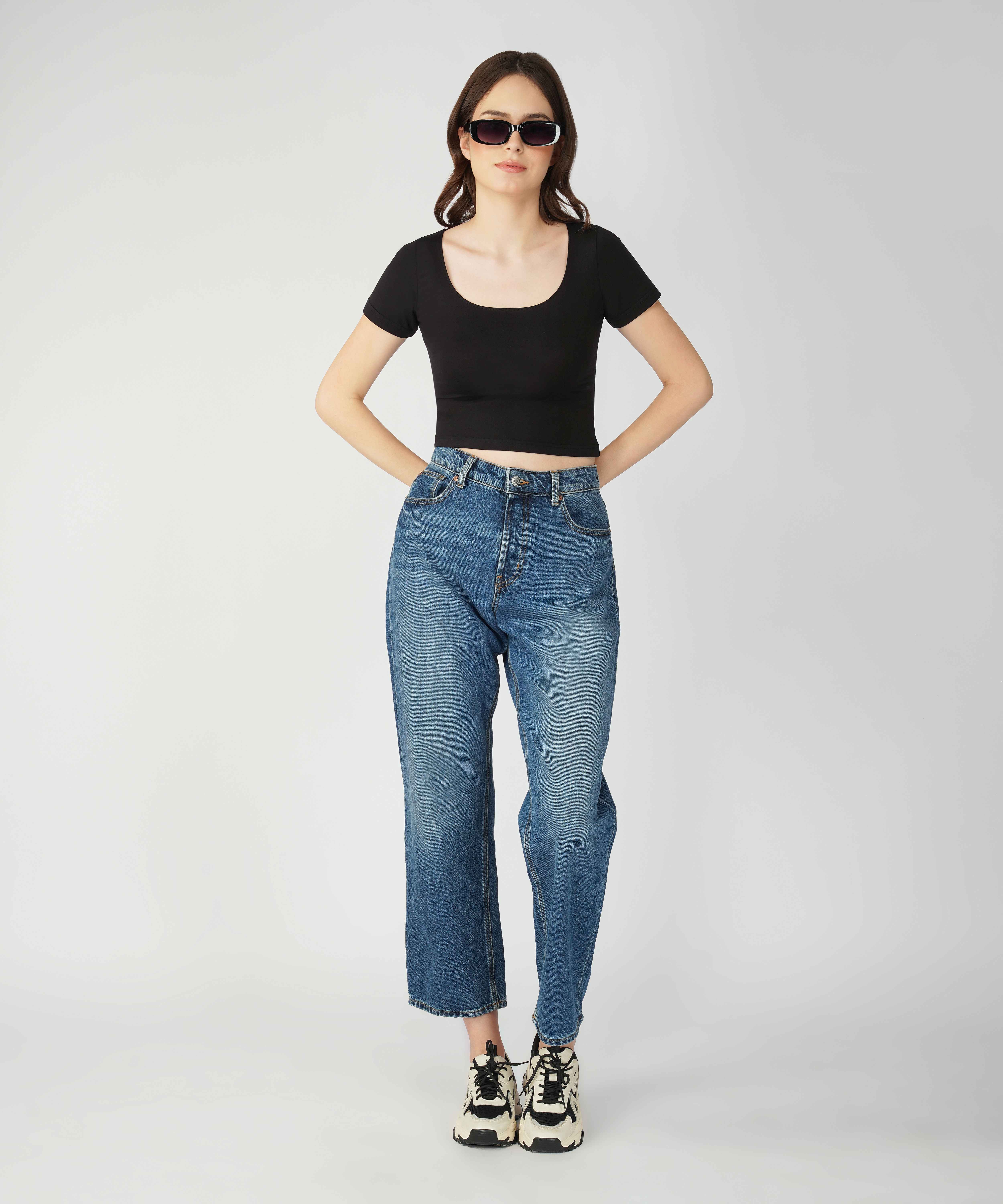 Oneway Women Solid Slim Fit Black Top