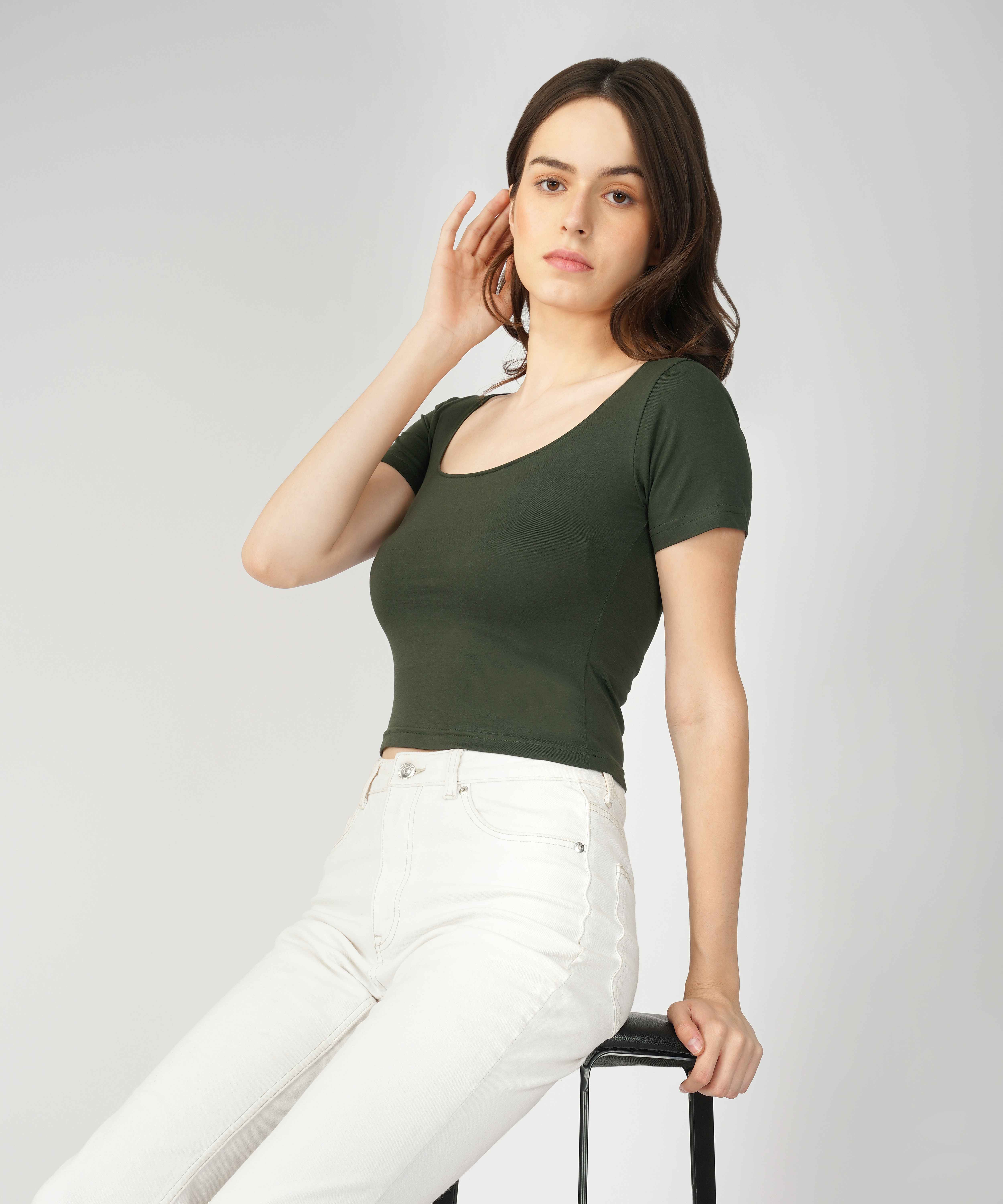 Oneway Women Solid Slim Fit Dk. Olive Top