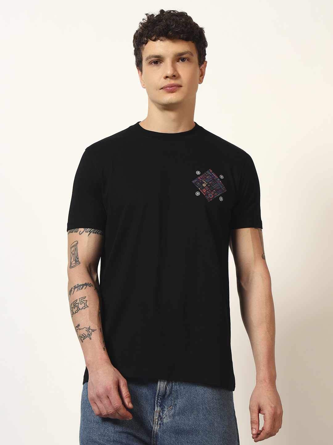 Oneway Men Printed Regular Fit Black Tshirt