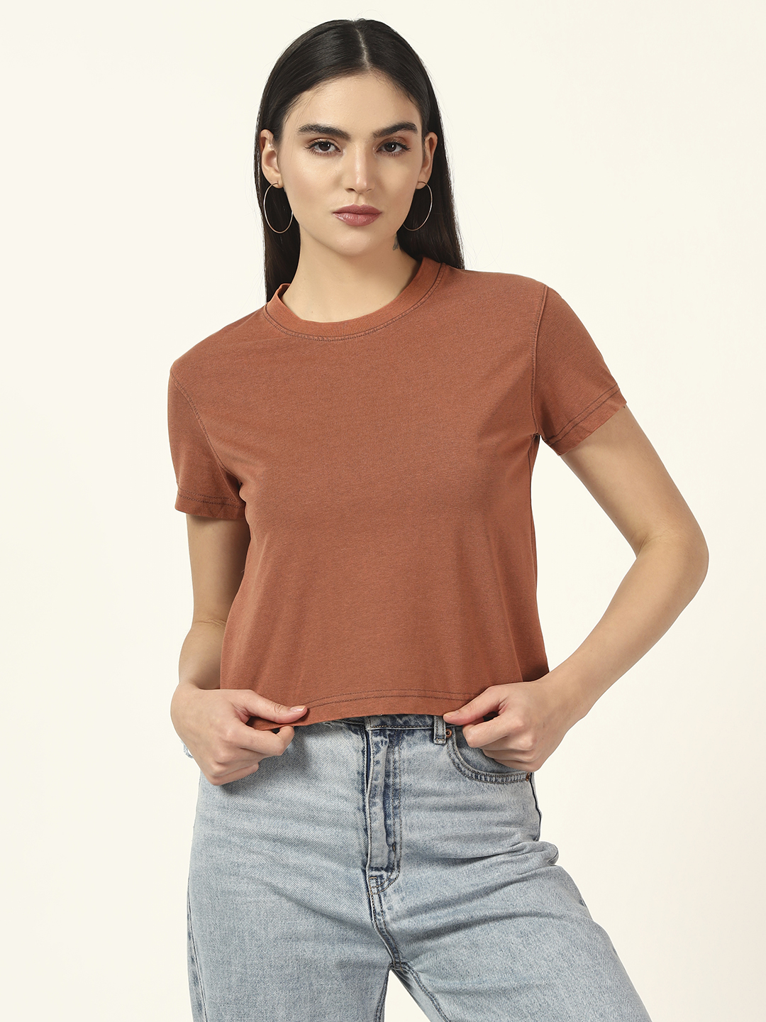 Oneway Women Solid Light Brown Tshirt