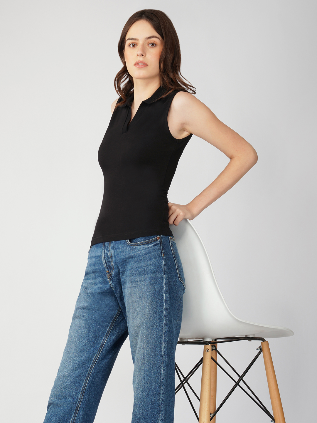 Oneway Women Sleeveless Polo Neck Top