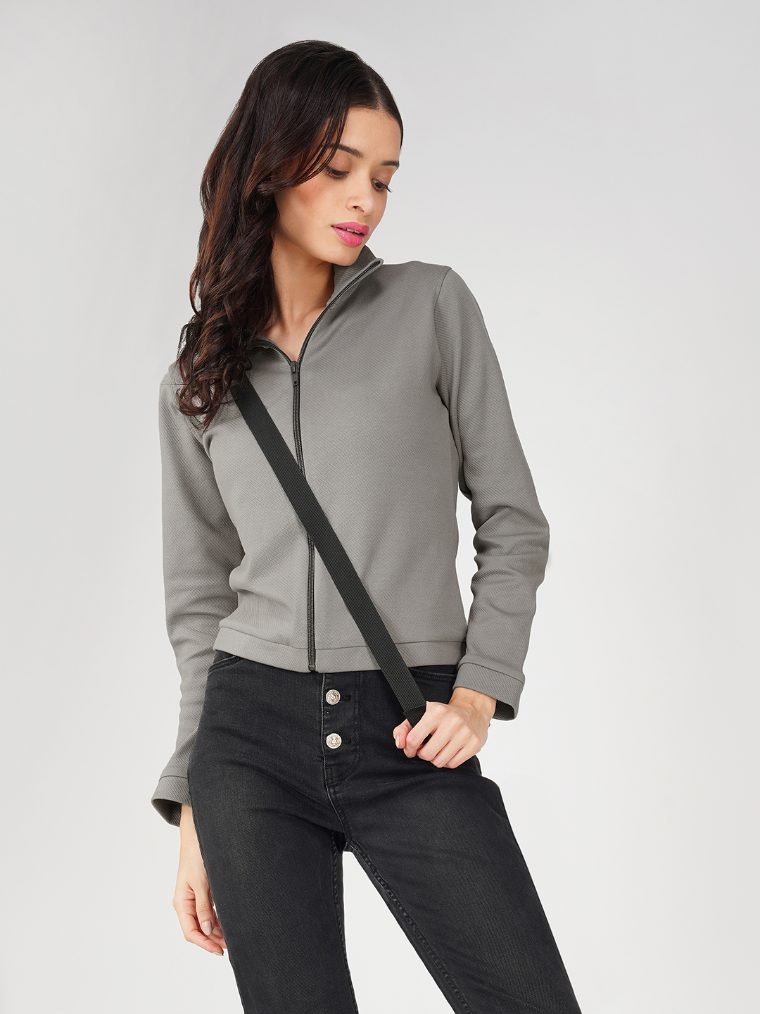 Oneway Women Solid Grey Jacket