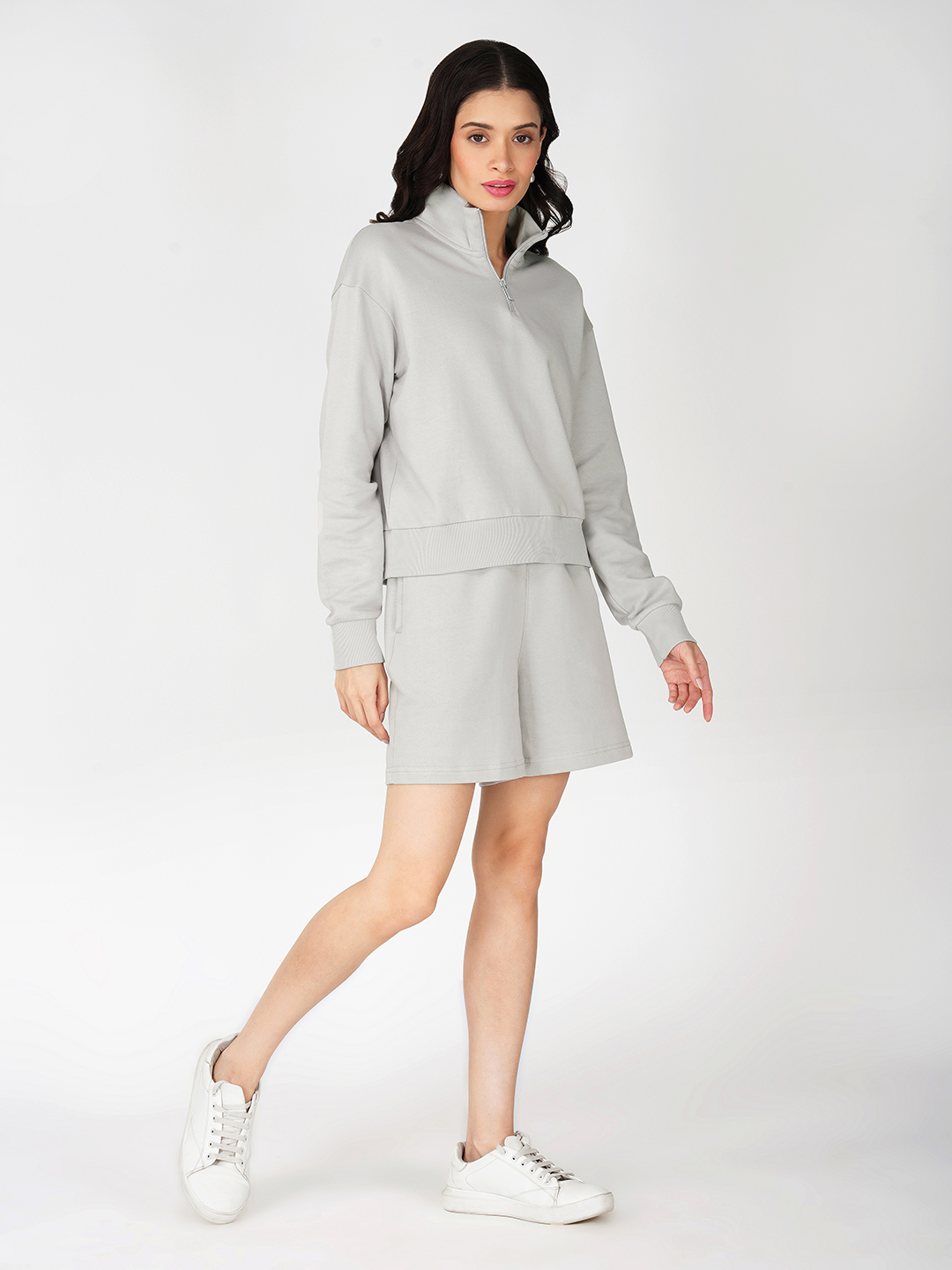 Oneway Women Solid Grey 1 Sweatshirt,1 Shorts::Co-Ord Set