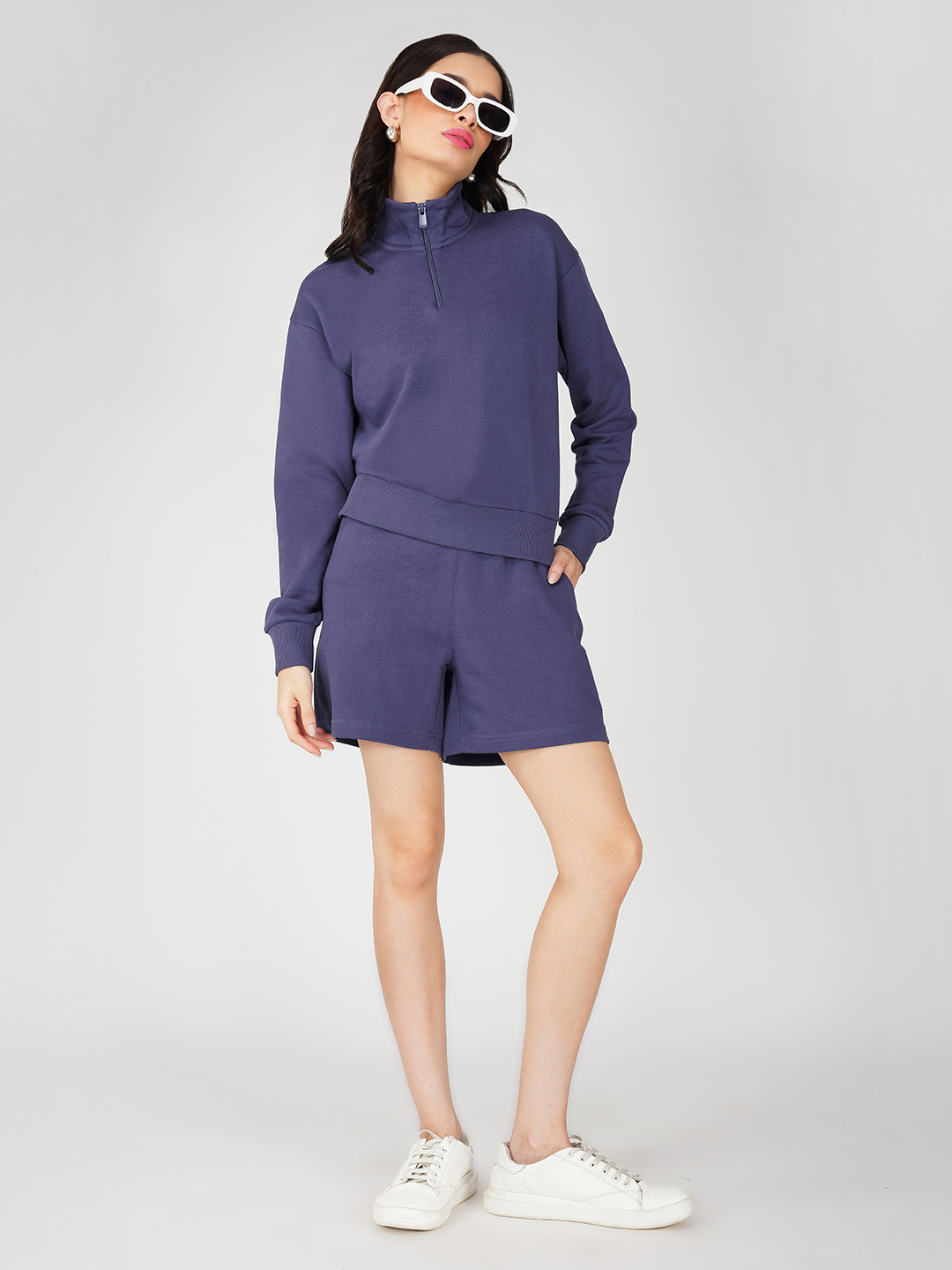 Oneway Women Solid Purple 1 Sweatshirt,1 Shorts::Co-Ord Set