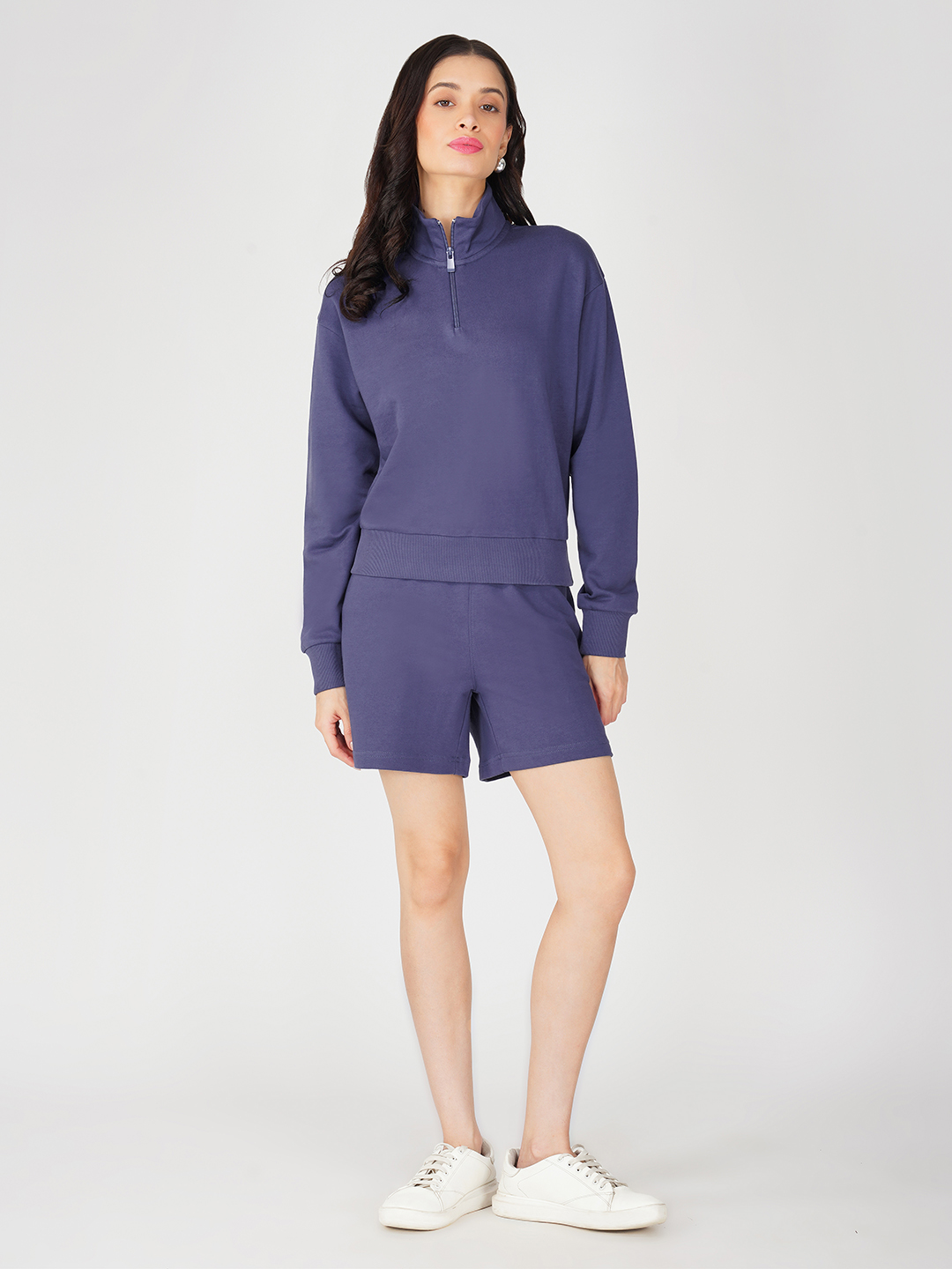Oneway Women Solid Purple 1 Sweatshirt,1 Shorts::Co-Ord Set