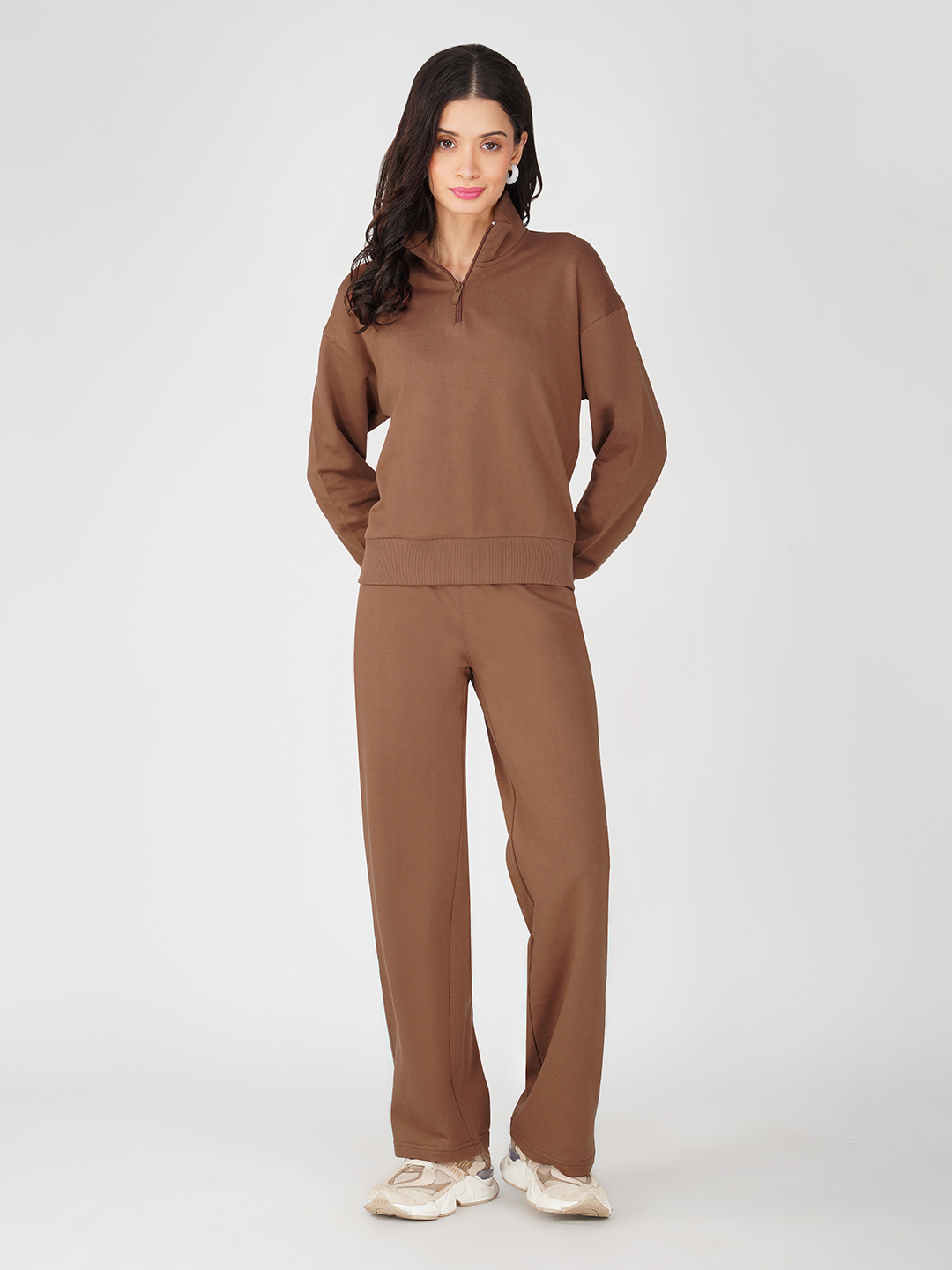 Oneway Women Solid Brown 1 Sweatshirt,1 Trackpants:: Co-Ord Set