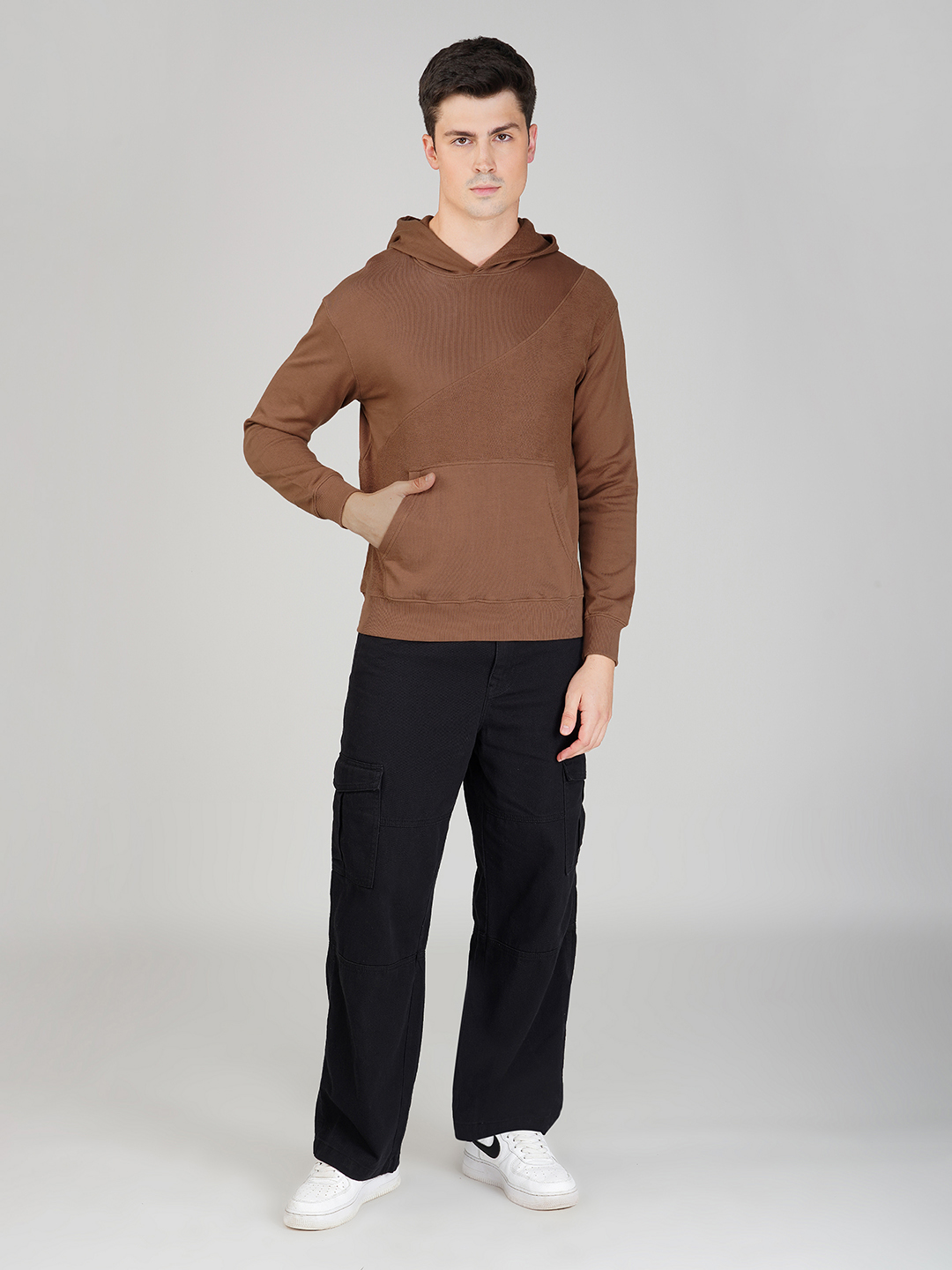 Oneway Men Solid Brown Hooded Sweatshirt