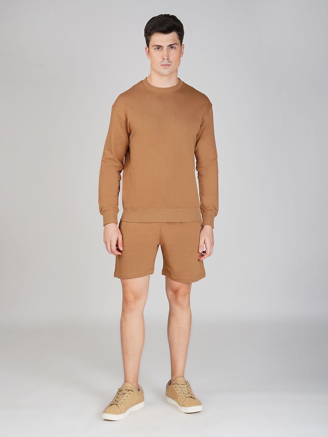 Oneway Men Solid Brown 1 Sweatshirt,1 Shorts::Co-Ord Set