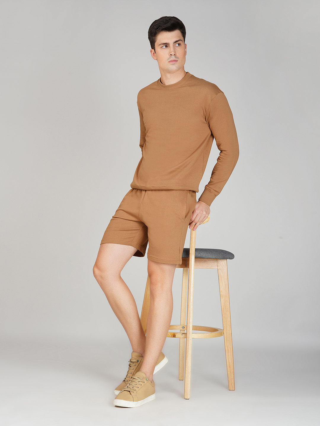 Oneway Men Solid Brown 1 Sweatshirt,1 Shorts::Co-Ord Set
