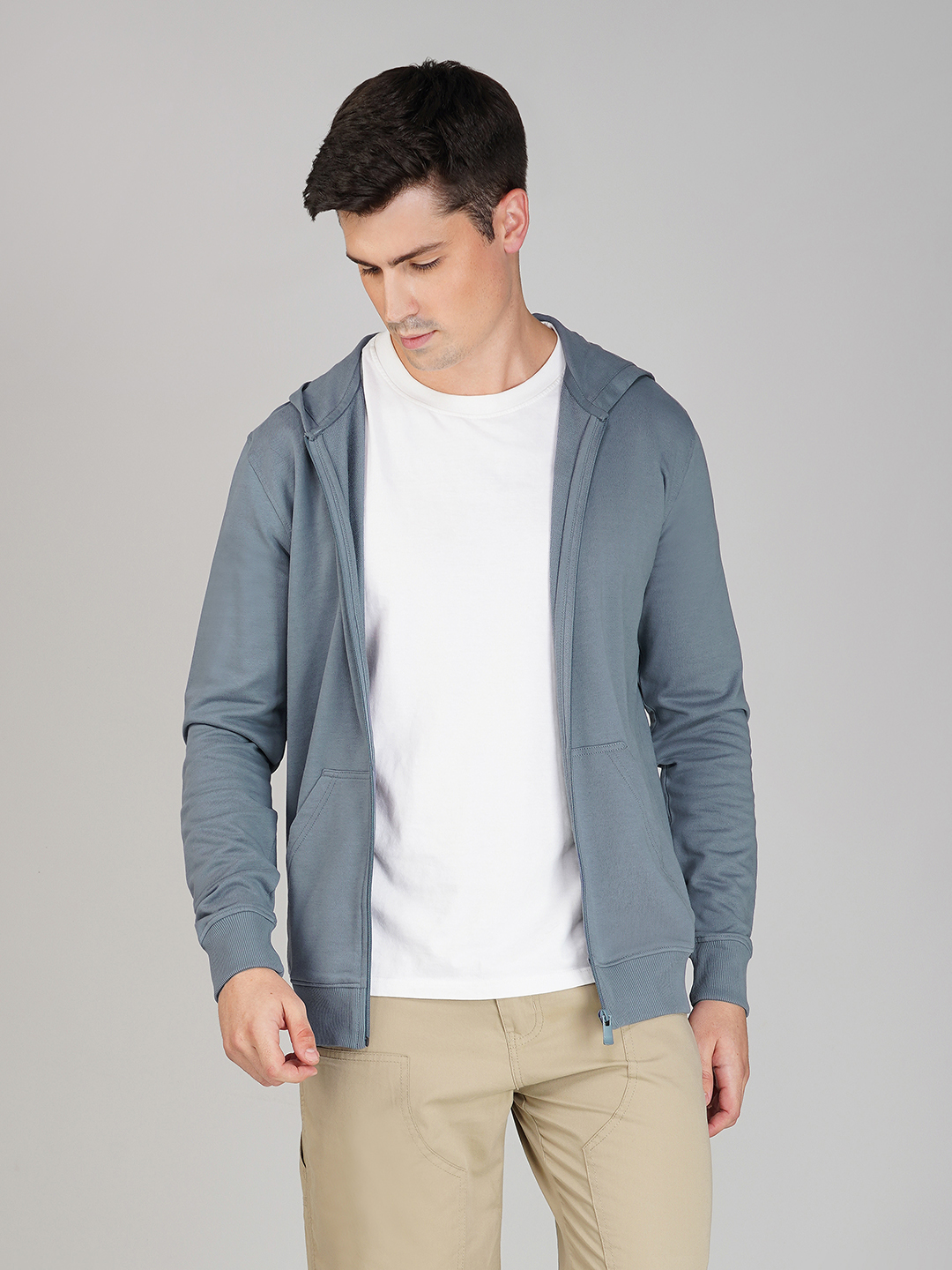 Oneway Men Solid Grey Hooded Jacket